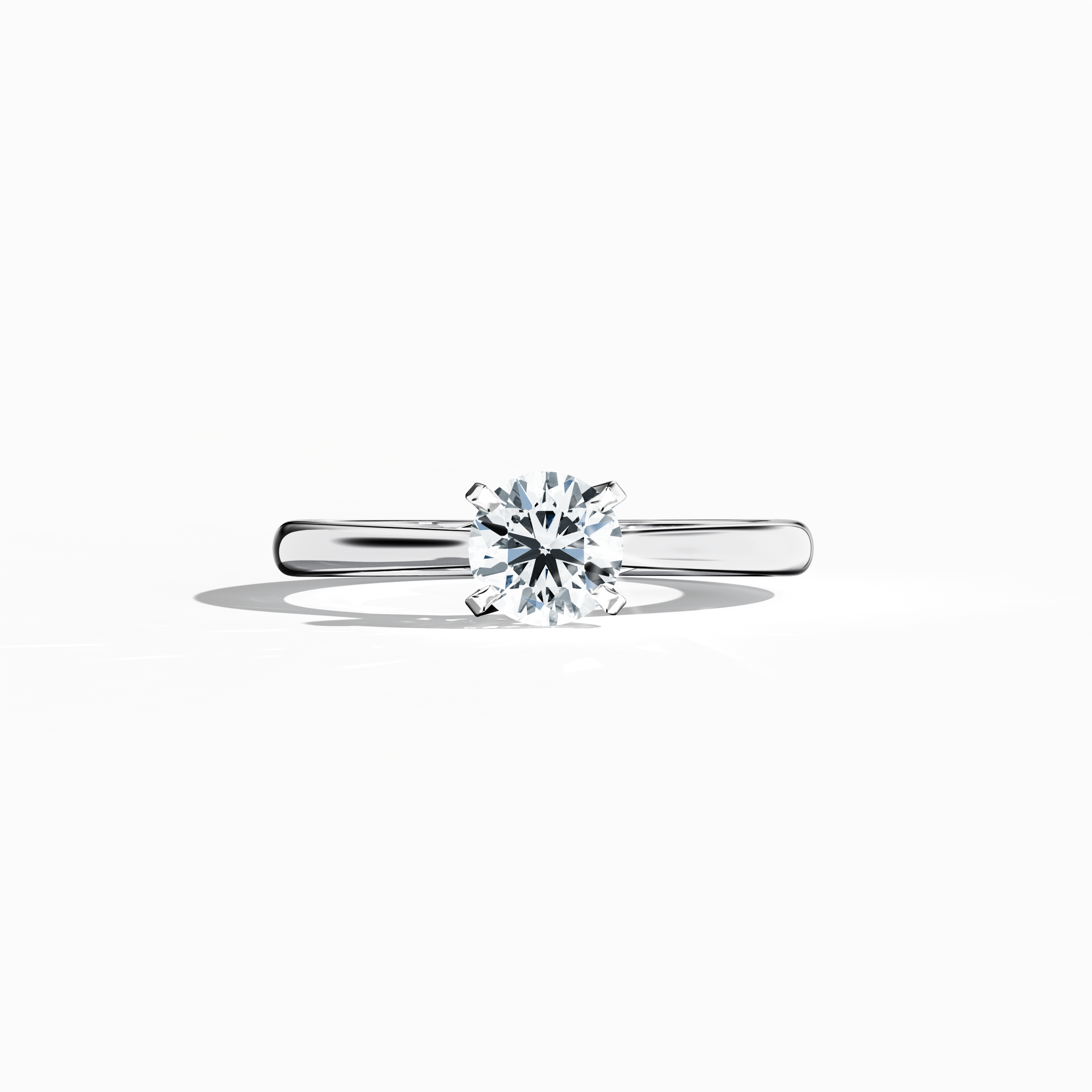 Solitaire ring with a 0.70  карат center diamond in a unique twisted bottom setting and secured by four‑tap prongs in белое золото, paired with a bright белое золото band. Displayed in a sleeping front view on a flat surface, this fine Украшения/fine Ювелирные изделия ring highlights its modern, minimalist design and luminous finish.