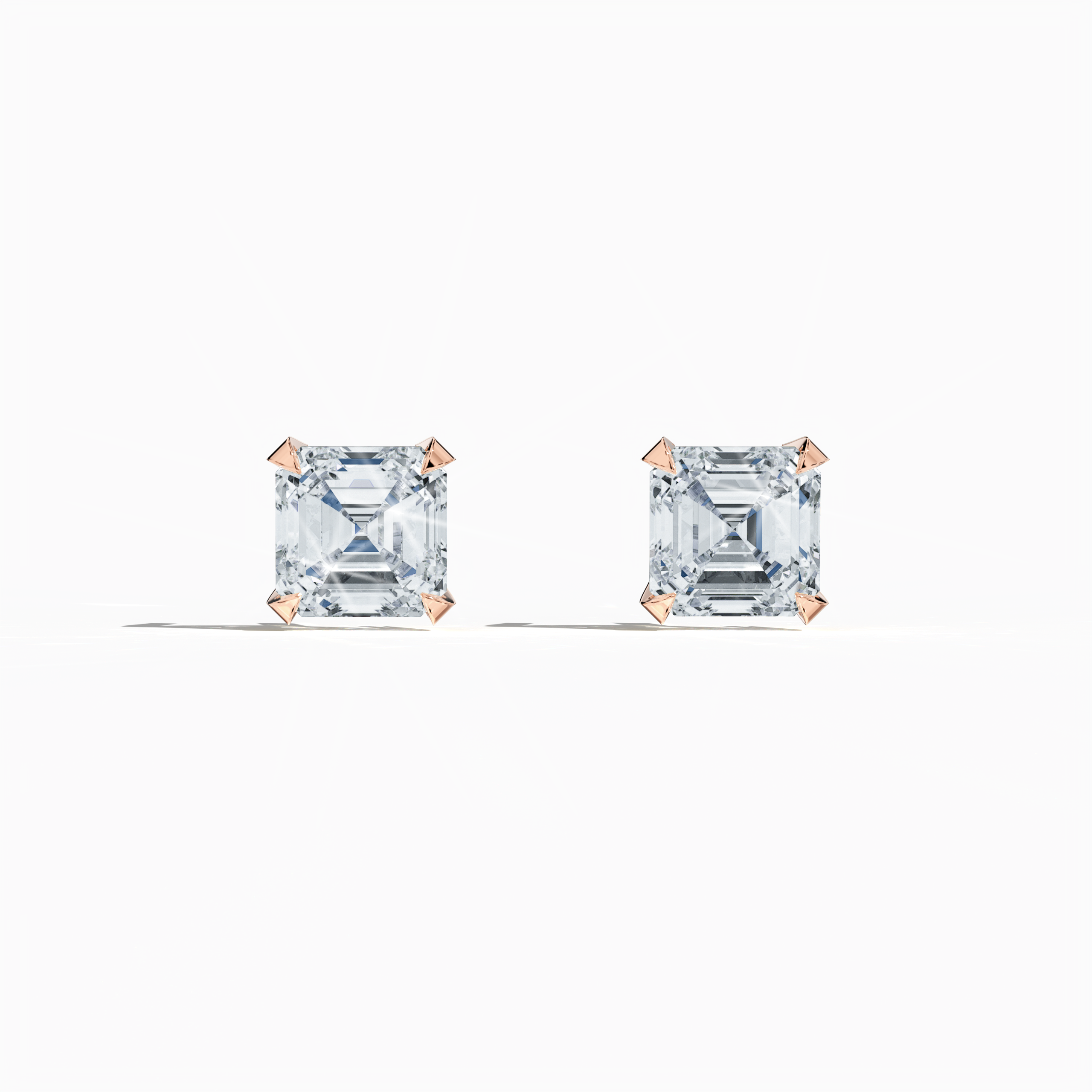 Front view of 1-carat natural diamond earring in 18k розовое золото with nail prong setting; features an Asscher cut diamond (also referred to as square emerald cut or step cut diamond in certain markets) – luxury fine Украшения/fine Ювелирные изделия ear accessory.