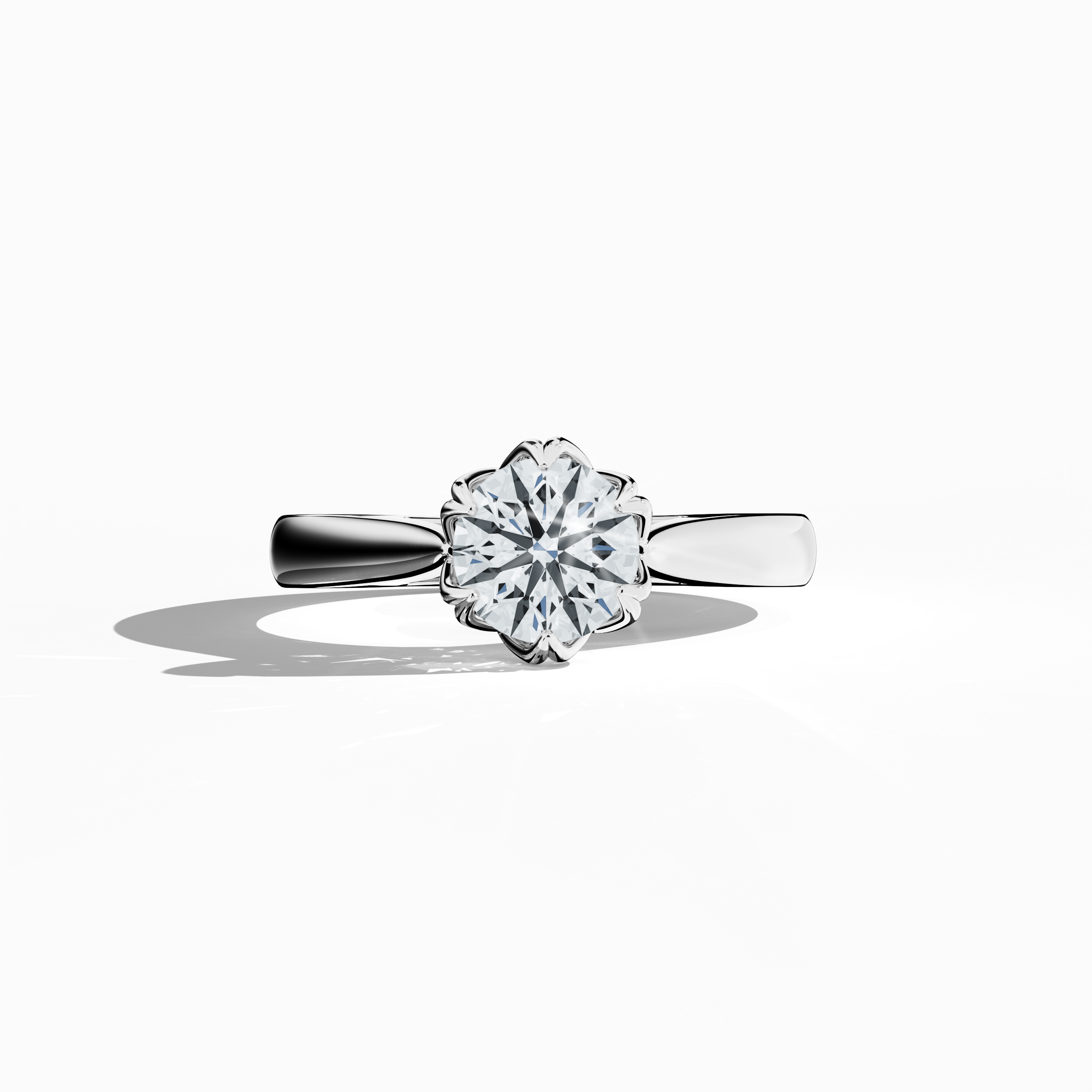 1‑carat lotus solitaire ring with a 1‑ карат center diamond in a lotus‑inspired design, featuring a six‑prong setting and a uniquely twisted band, all crafted entirely in bright белое золото. Shown in a sleeping front view on a flat surface, this fine Украшения/fine Ювелирные изделия ring highlights its modern elegance and luminous, silvery finish.