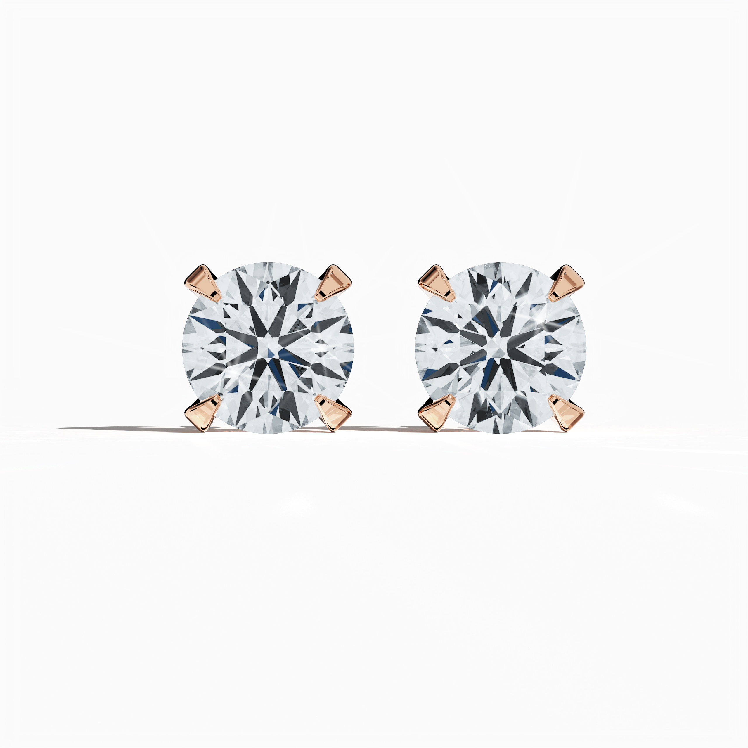 Front view of 4 carat natural diamond stud earrings in classic basket and Nail Prong/claw settings, crafted in 18k розовое золото.