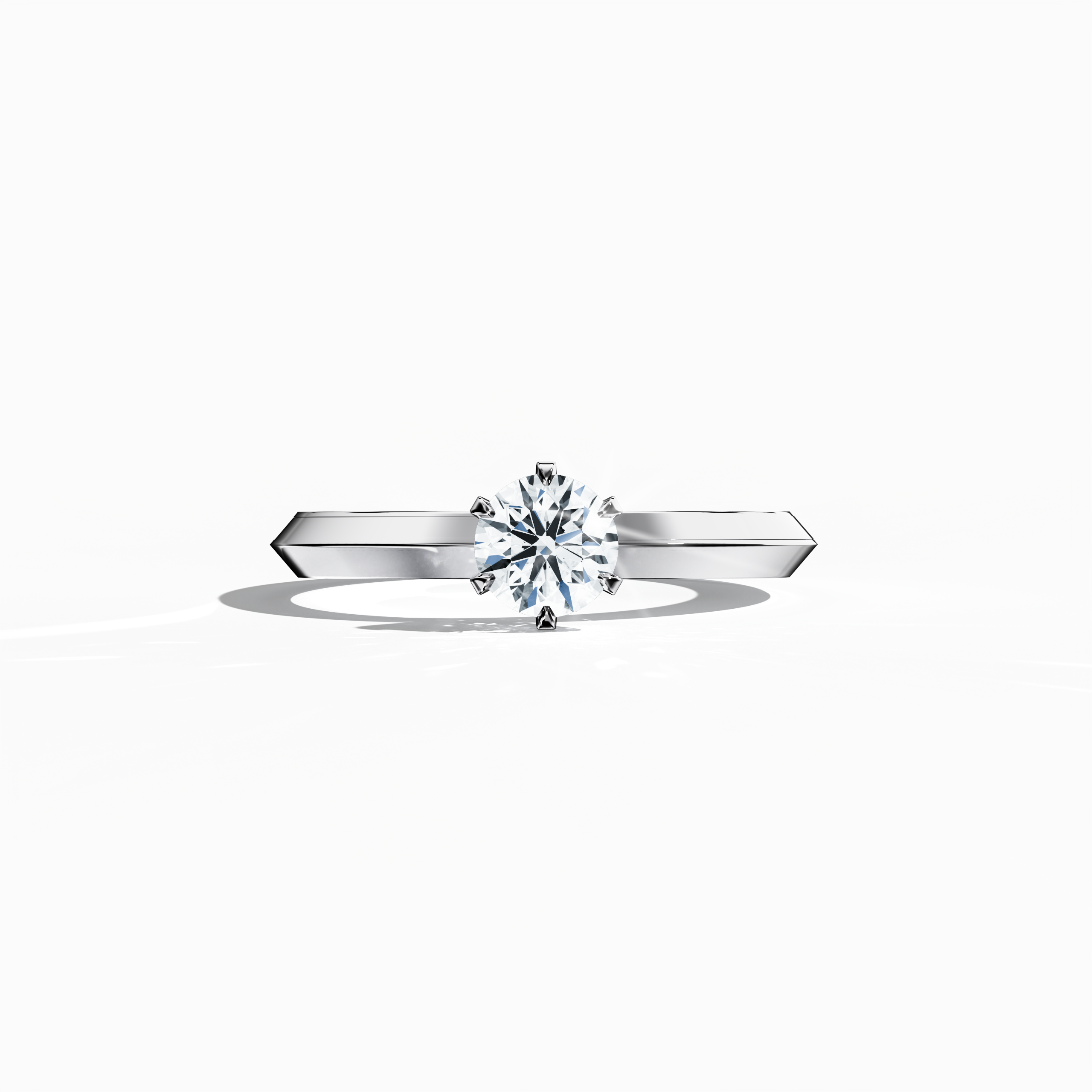 Solitaire diamond ring with a 0.50ct center stone in a six-baby claw prong setting and a dual-step band with a sharp central line, set in a bright белое золото band. Displayed in a sleeping front view on a flat surface, highlighting its clean lines and luminous design as a refined piece of fine Украшения/fine Ювелирные изделия.
