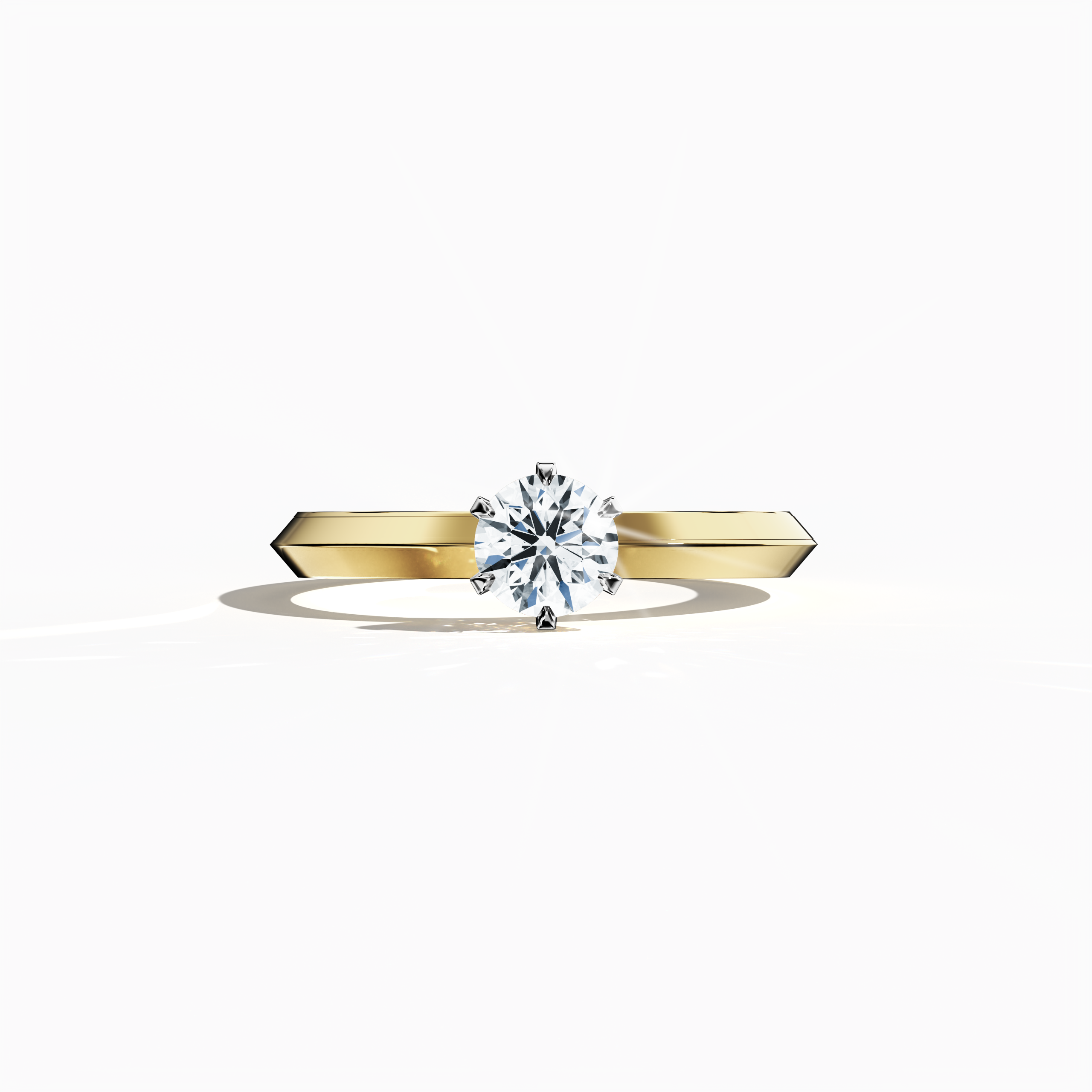 Solitaire diamond ring with a 0.50ct center stone in a six-baby claw prong setting and a dual-step band with a sharp central line, mounted in a rich жёлтое золото band. Captured in a sleeping front view that highlights its sleek design and warm, radiant finish as an exquisite piece of fine Украшения/fine Ювелирные изделия.