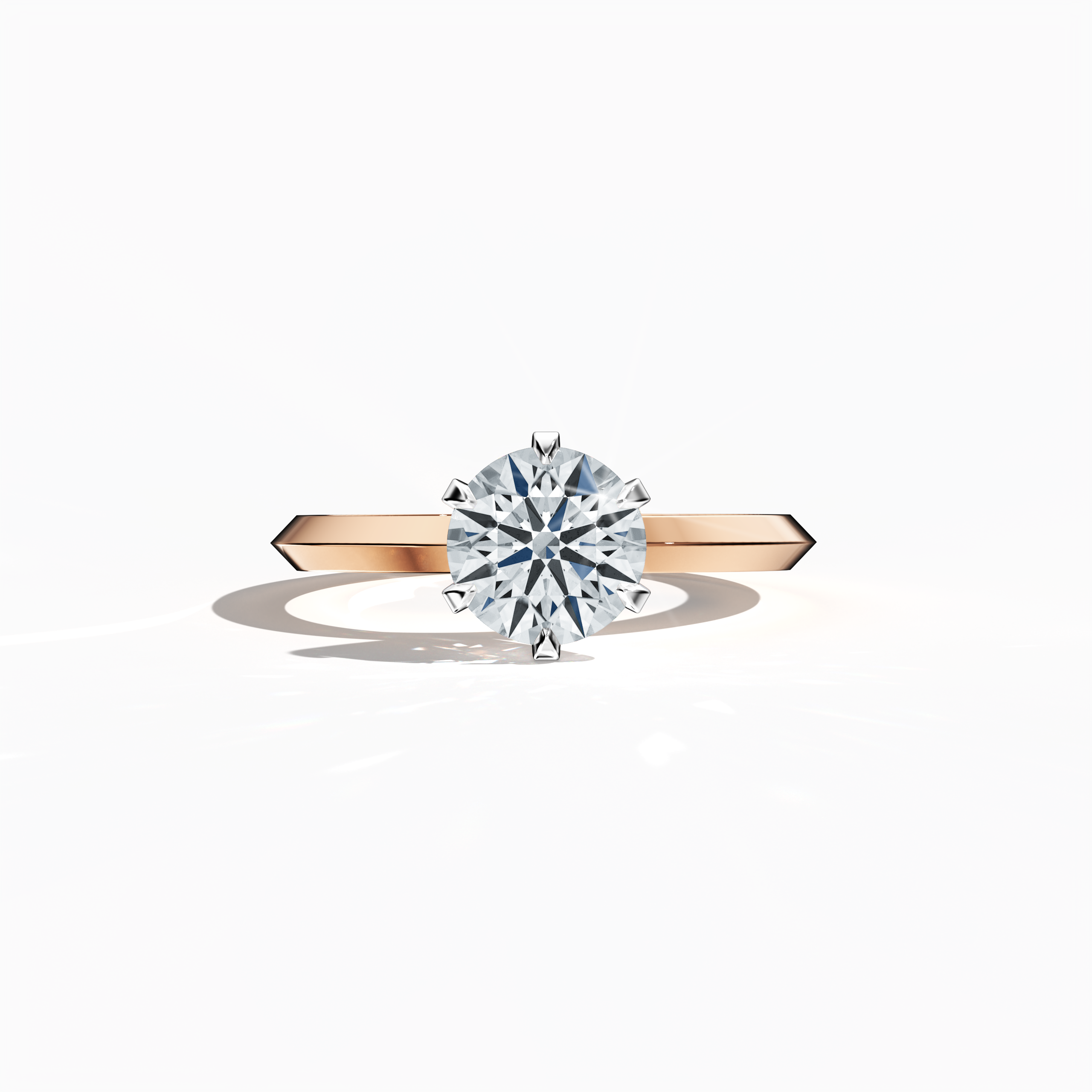 Solitaire diamond ring with a 1 carat center diamond in a six-baby claw prong setting and a dual-step band with a sharp central line, set in a soft розовое золото band (pink/blush gold). Displayed in a sleeping front view, this exquisite fine Украшения/fine Ювелирные изделия piece exudes delicate warmth and modern elegance.