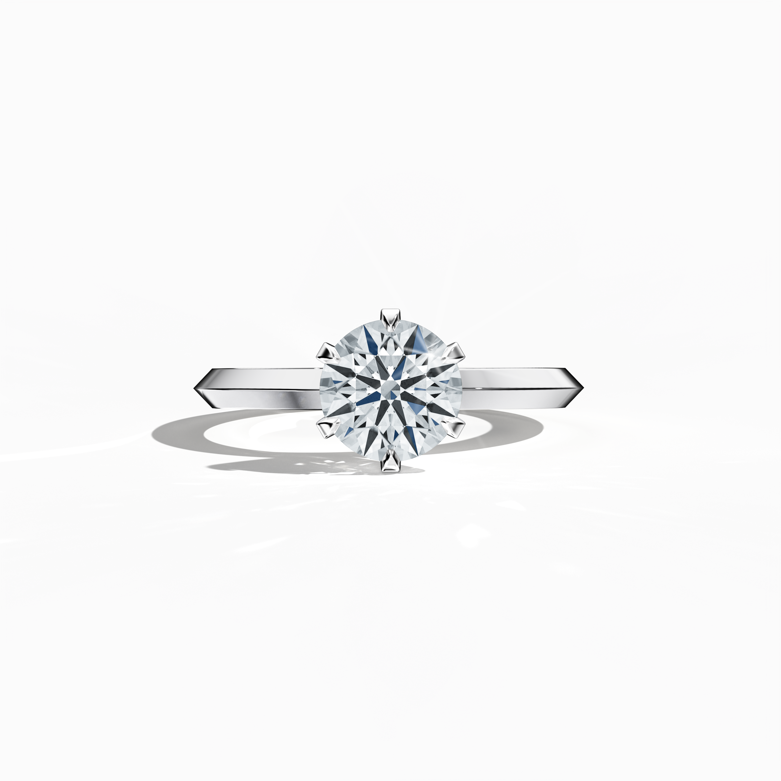 Solitaire diamond ring with a 1 carat center stone in a six-baby claw prong setting and a dual-step band with a sharp central line, set in a bright белое золото band. Displayed in a sleeping front view on a flat surface, highlighting its clean lines and luminous design as a refined piece of fine Украшения/fine Ювелирные изделия.