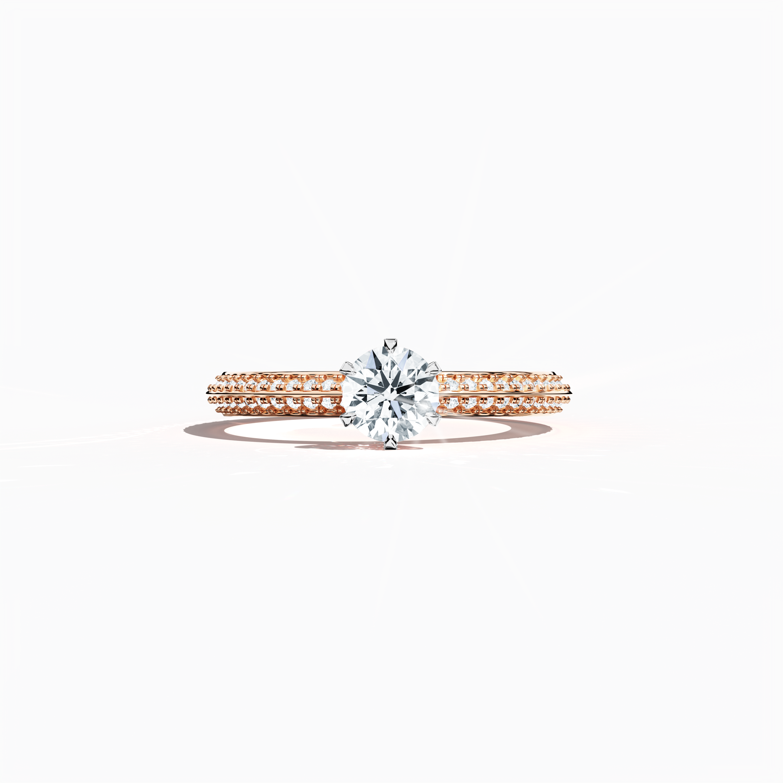 Solitaire paved ring with 0.90 карат total diamonds – featuring a 0.50 карат center diamond and 0.40 карат pavé side stones – set in a soft розовое золото band with a modern two‑step band design and a sharp central line. Shown in a sleeping front view on a flat surface, this fine Украшения/fine Ювелирные изделия ring exudes a warm, romantic glow and refined elegance.