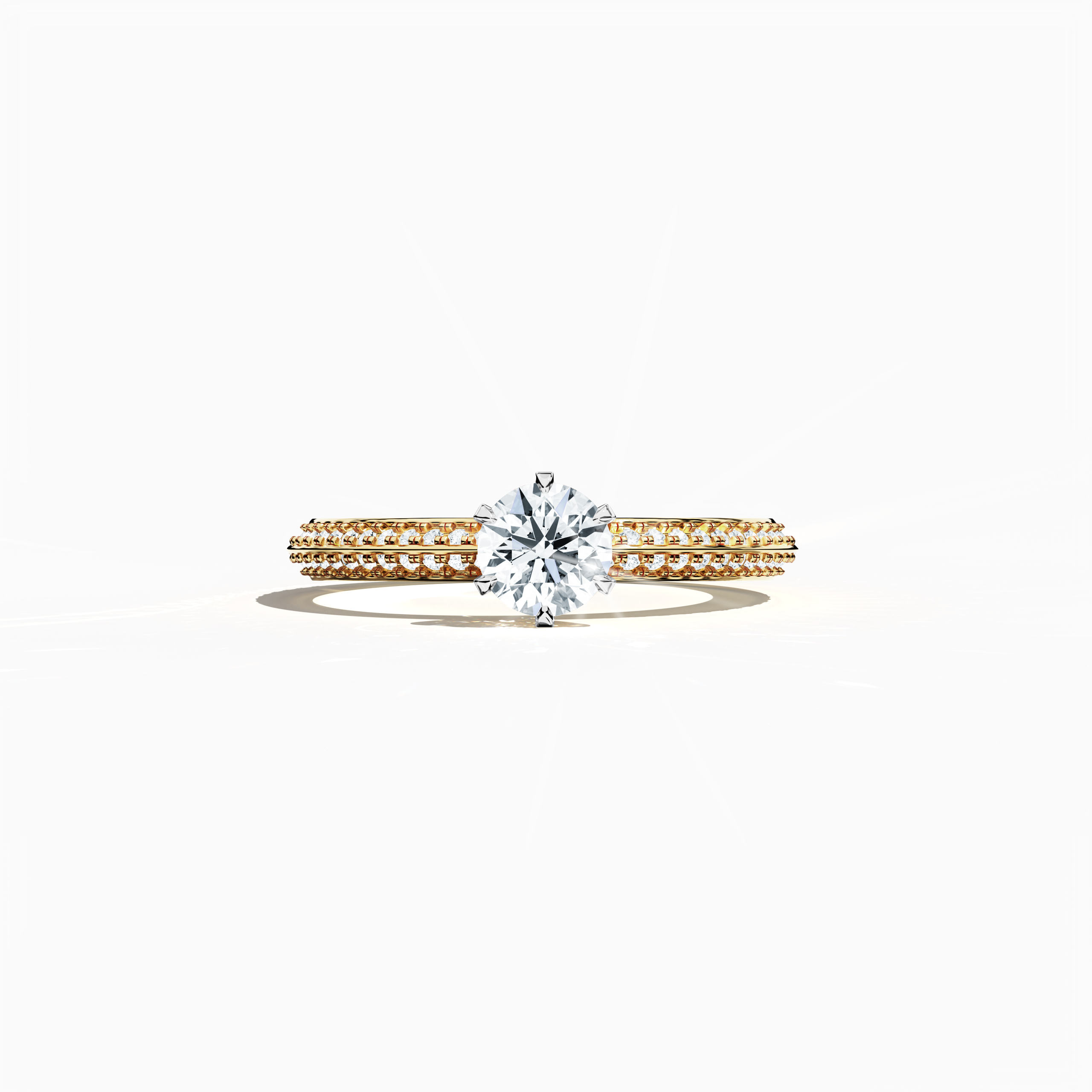 Solitaire paved ring with 0.90 карат total diamonds – featuring a 0.50 карат center stone and 0.40 карат pavé side stones – set in a rich жёлтое золото band with a modern two‑step band design and a sharp central line. Shown in a sleeping front view on a flat surface, this fine Украшения/fine Ювелирные изделия ring exudes warm, classic brilliance and refined sparkle.