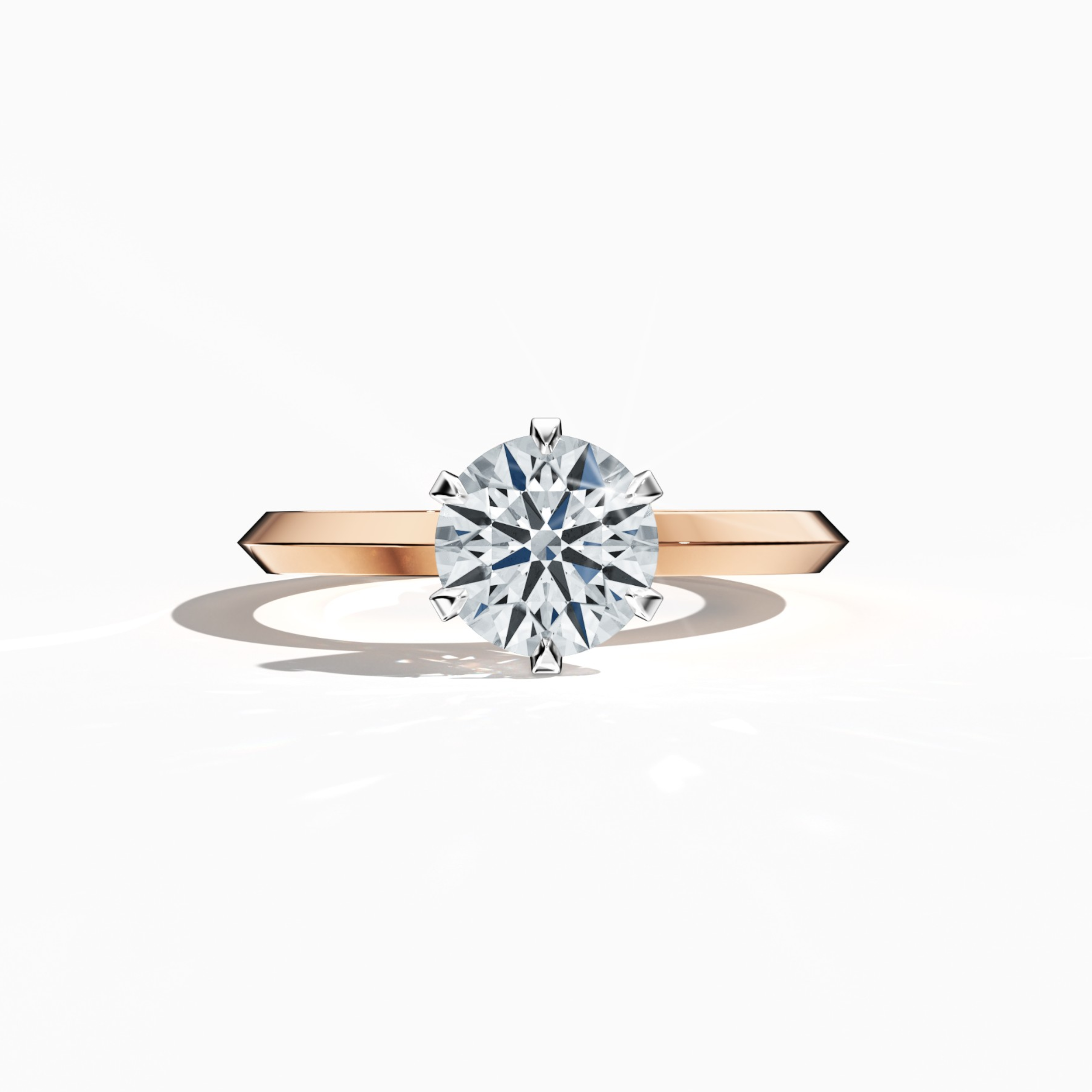 Solitaire ring with a 2 carat center diamond in a six-baby claw prong setting and a two-step band with a sharp central line, set in a soft розовое золото band (blush/pink gold). Shown in a sleeping front view on a flat surface, this fine Украшения/fine Ювелирные изделия ring radiates a warm, romantic glow and modern elegance.
