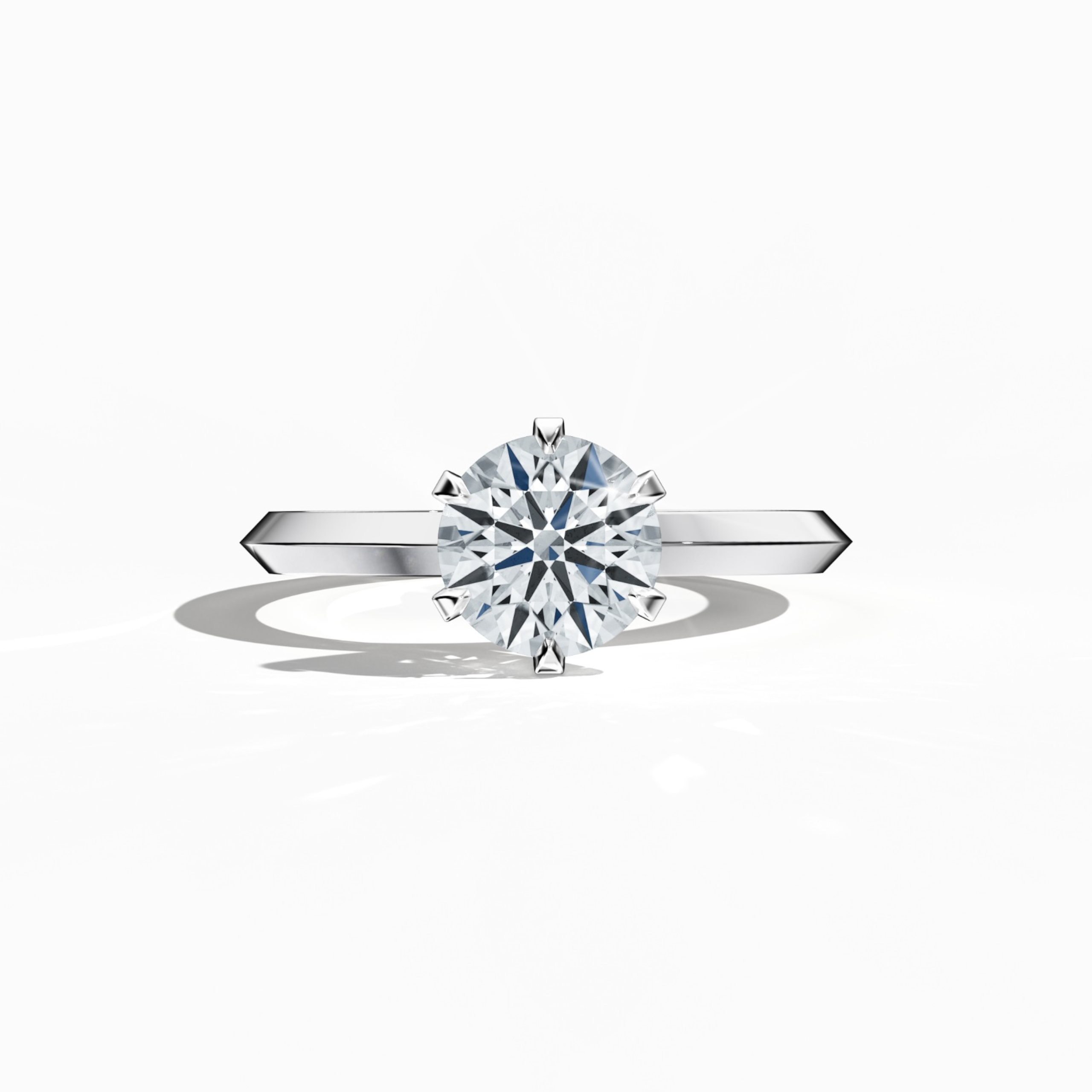 Solitaire ring with a 2 carat center diamond in a six-baby claw prong setting and a two-step band with a sharp central line, set in a bright белое золото band. Shown in a sleeping front view on a flat surface, this fine Украшения/fine Ювелирные изделия piece highlights its luminous design and refined sparkle.