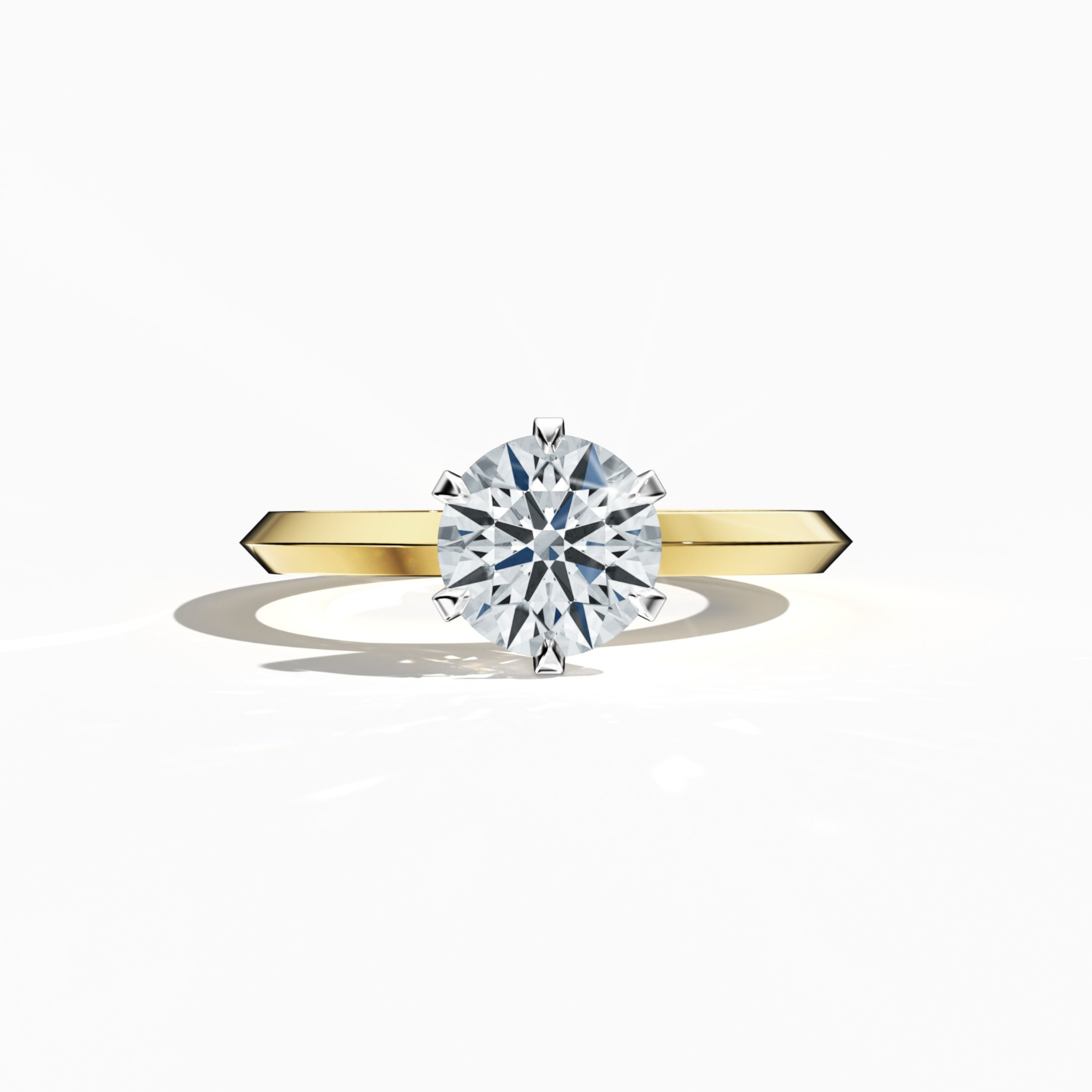 Solitaire ring with a 2 carat center diamond in a six-baby claw prong setting and a two-step band with a sharp central line, set in a rich жёлтое золото band. Shown in a sleeping front view on a flat surface, this fine Украшения/fine Ювелирные изделия ring radiates warm, classic brilliance.