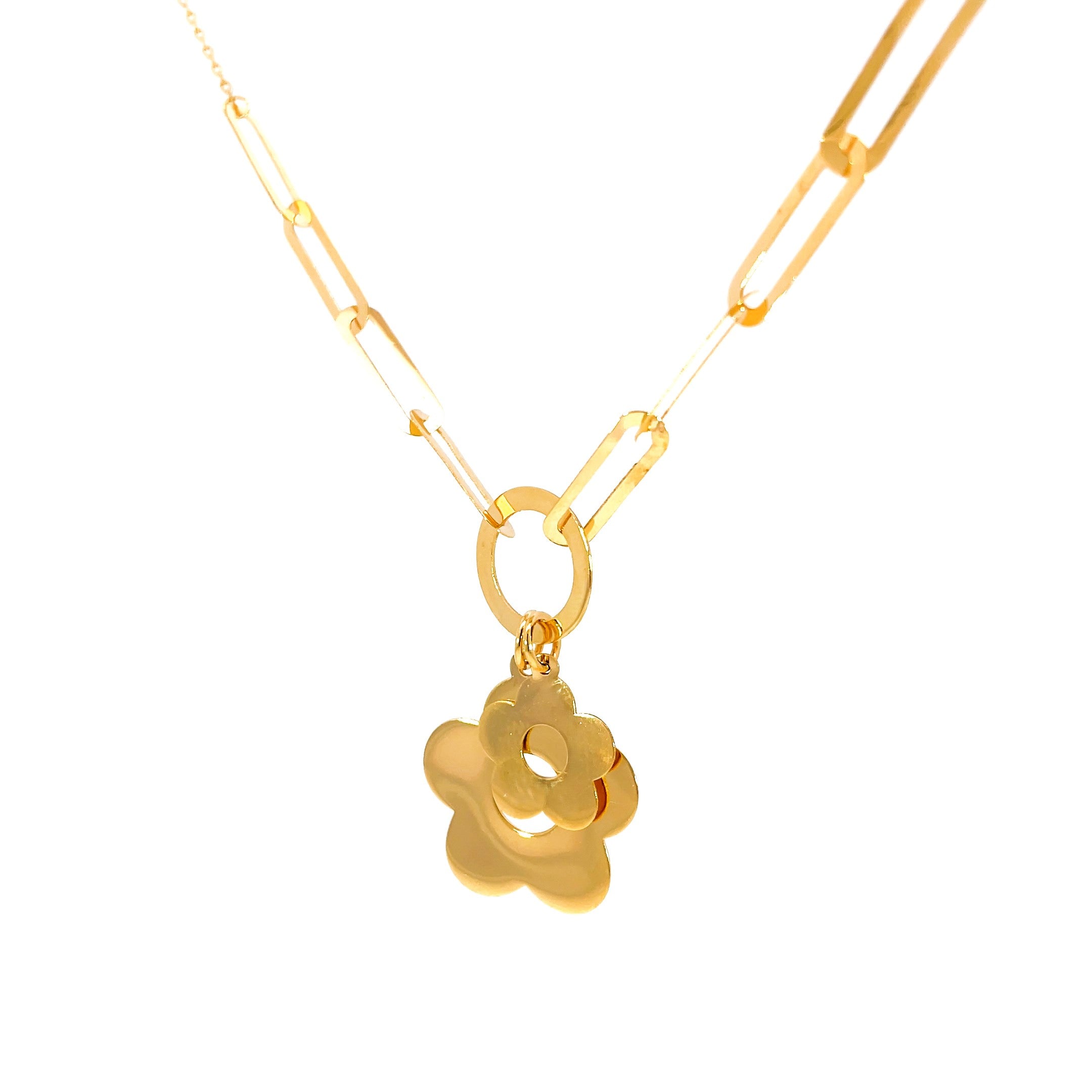 Golden Flower Necklace showing flower pendant design in polished 18K yellow gold