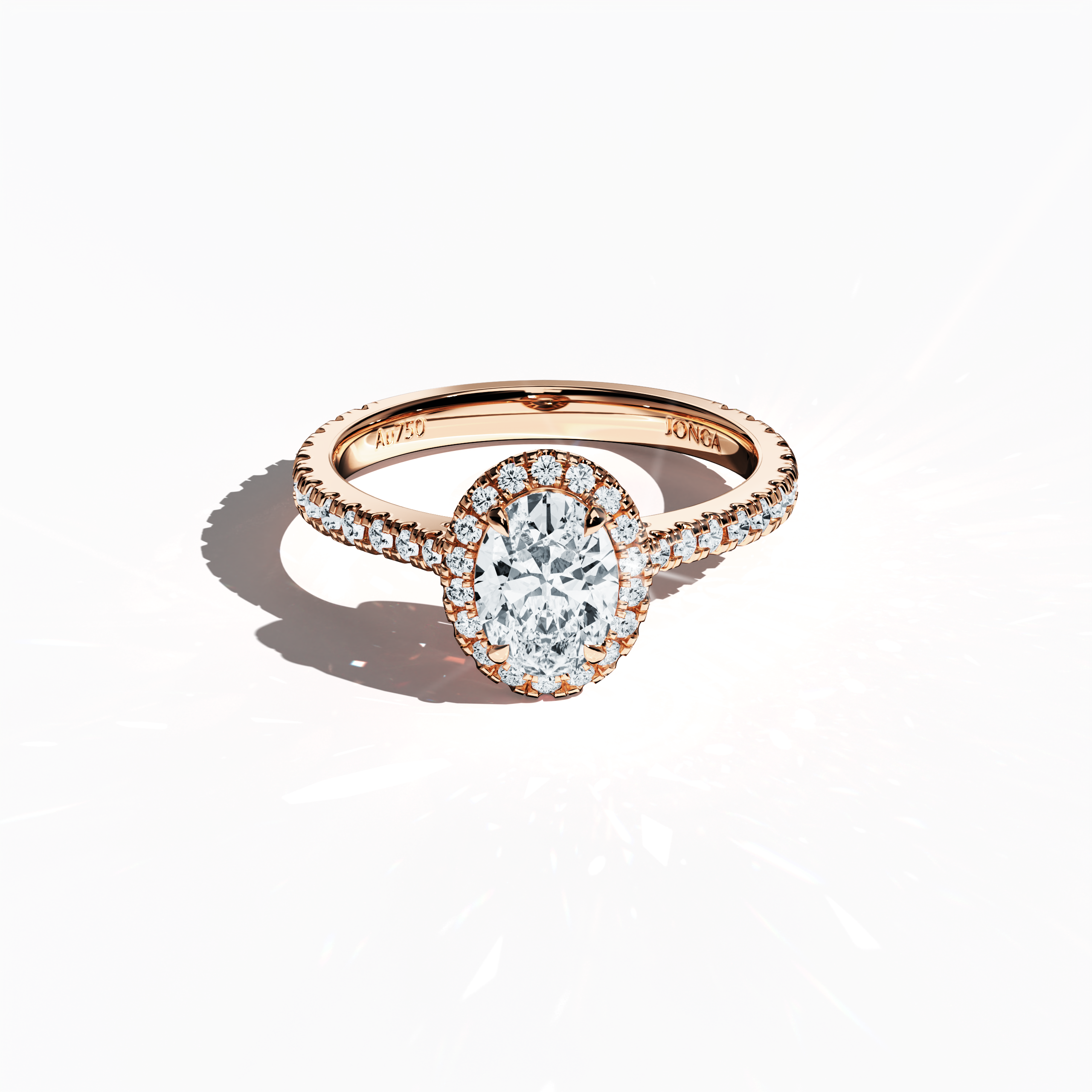 Striking image of a розовое золото halo paved ring in a sleeping front top view, showcasing a radiant 1ct oval-cut central diamond encircled by a 0.60ct side diamond halo. The top view accentuates the band’s intricate pavé setting in warm rose, pink, and blush gold tones while blending classic halo, vintage halo, modern halo, and bridal halo design influences. Keywords: sophisticated, luxurious, oval sparkle, timeless design, artisanal precision.