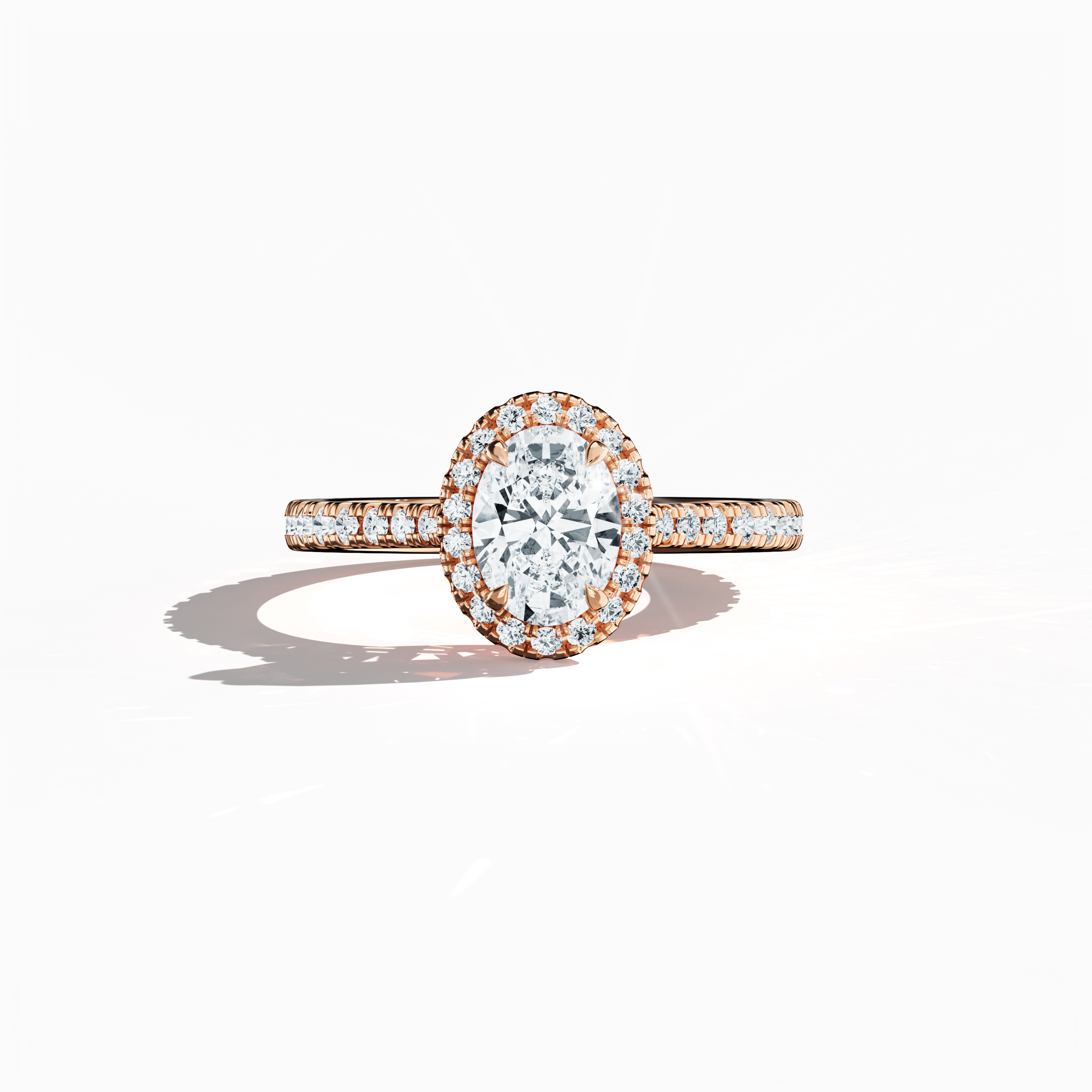 Exquisitely detailed image of a розовое золото halo paved ring captured in a sleeping front view, highlighting a luminous 1ct oval-cut central diamond embraced by a delicate 0.60ct side diamond halo. The band, rendered in warm rose, pink, and blush gold hues, features intricate pavé detailing that reflects classic halo, vintage halo, modern halo, and bridal halo designs. Keywords: luxury, elegance, refined craftsmanship, oval brilliance, romantic allure.