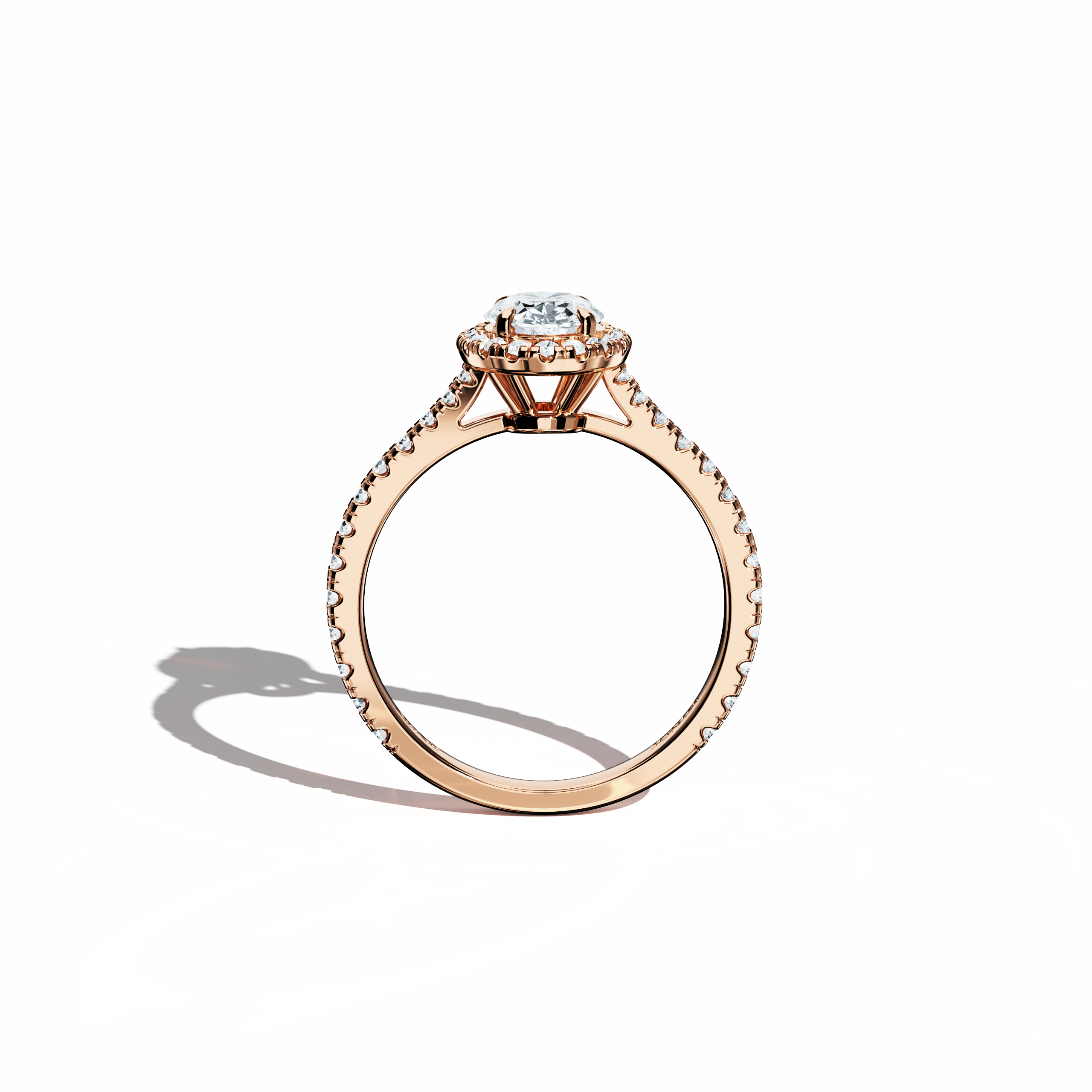 Vivid standing front view of a розовое золото halo paved ring, emphasizing the brilliant 1ct oval-cut central diamond and its encircling 0.60ct side diamond halo. The band, displayed in warm rose, pink, and blush gold, exhibits meticulous pavé craftsmanship inspired by classic halo, vintage halo, modern halo, and bridal halo designs. Keywords: exquisite, timeless, refined luxury, oval radiance, contemporary artistry.