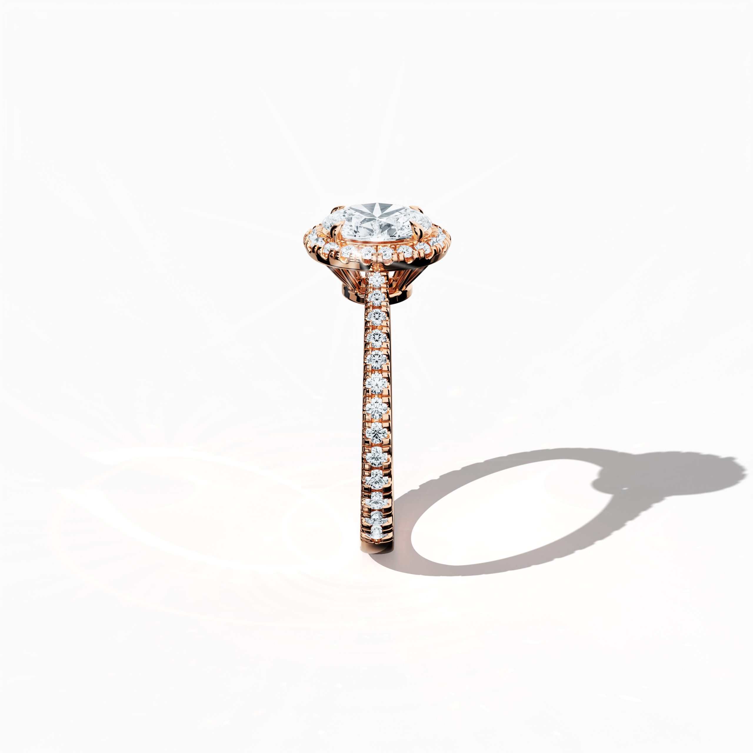 Detailed standing side view of a розовое золото halo paved ring, accentuating its elegant profile and curved band featuring a 1ct oval-cut central diamond with a 0.60ct side diamond halo. The lateral perspective reveals delicate pavé details in warm rose, pink, and blush gold that merge classic halo, vintage halo, modern halo, and bridal halo design aesthetics. Keywords: refined craftsmanship, luxury, oval brilliance, modern style, elegant design.