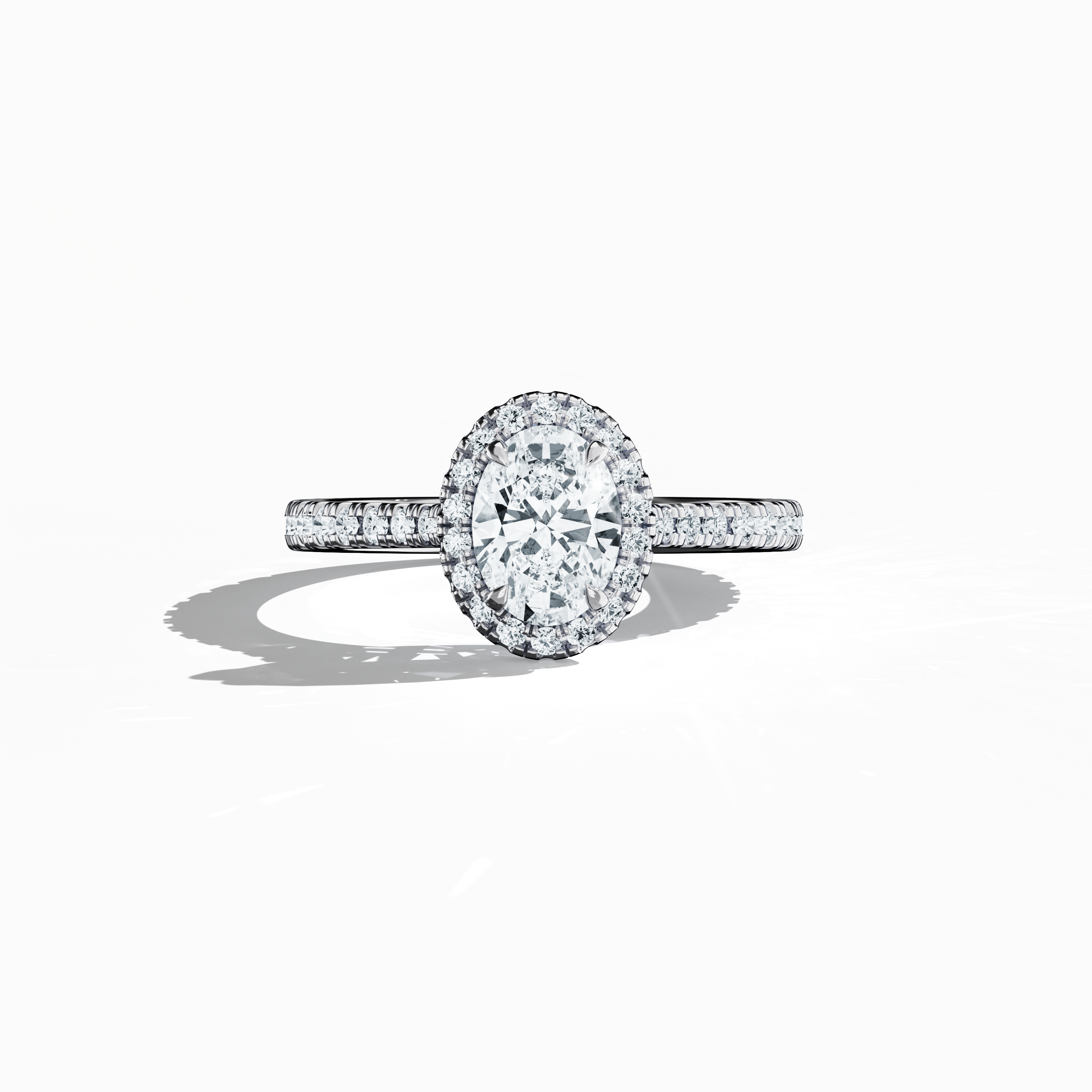 Exquisitely detailed image of a белое золото halo paved ring captured in a sleeping front view, highlighting a luminous 1ct oval-cut central diamond embraced by a meticulously set 0.60ct side diamond halo. The band, rendered in pristine white, silver, and pale gold, features intricate pavé detailing that reflects classic halo, vintage halo, modern halo, and bridal halo design motifs. Keywords: luxury, elegance, refined craftsmanship, oval brilliance, timeless style.