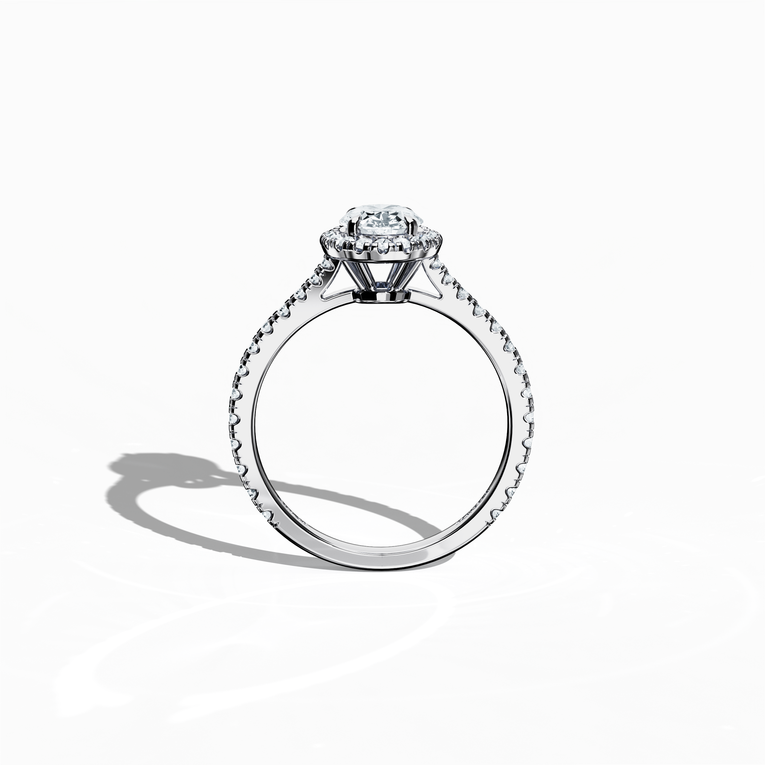 Vivid standing front view of a белое золото halo paved ring, emphasizing the brilliant 1ct oval-cut central diamond and its encircling 0.60ct side diamond halo. The sleek band in white, silver, and pale gold showcases meticulous pavé craftsmanship with influences from classic halo, vintage halo, modern halo, and bridal halo designs. Keywords: exquisite, timeless, refined artistry, oval radiance, high-craftsmanship.