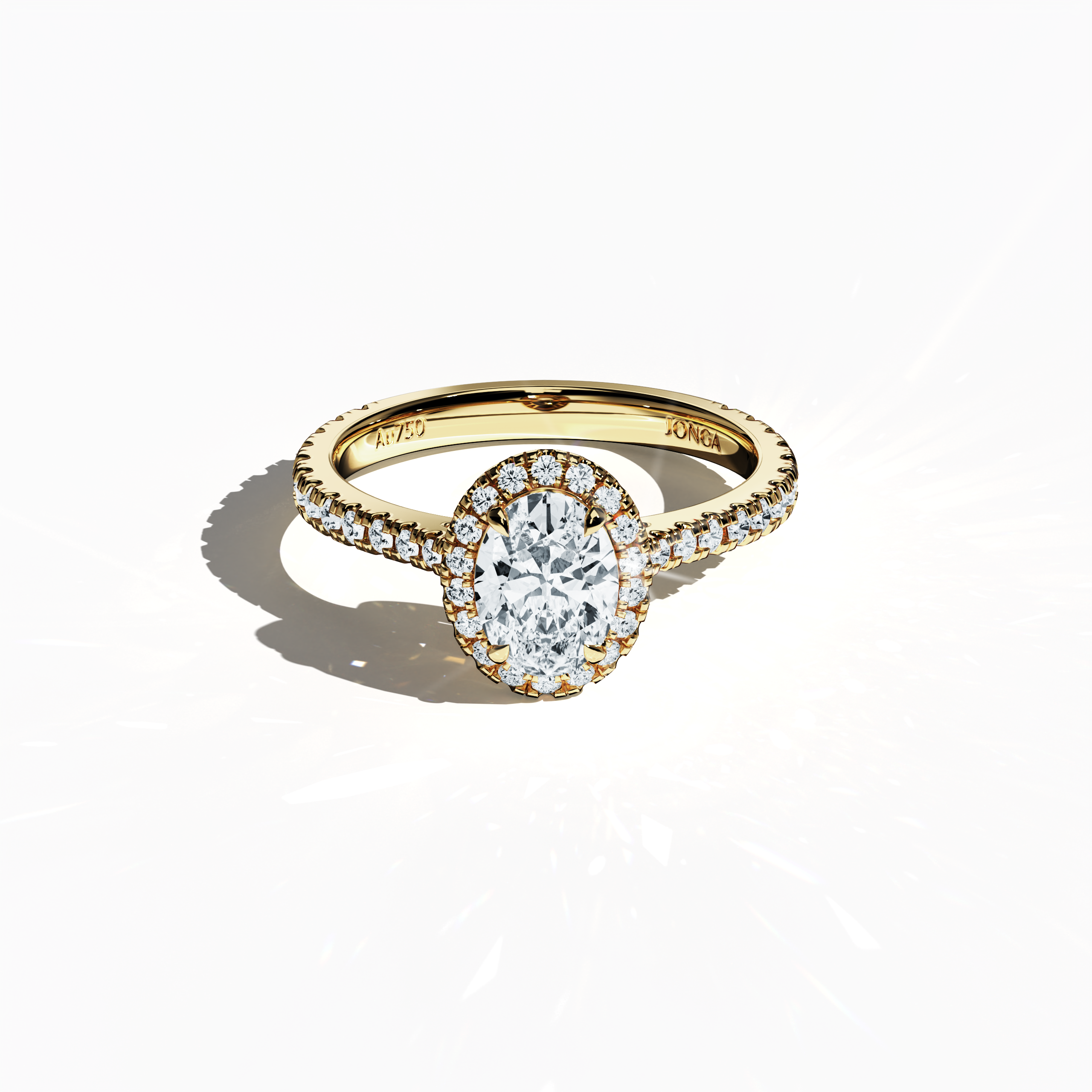 Striking image of a жёлтое золото halo paved ring in a sleeping front top view, presenting a radiant 1ct oval-cut central diamond with a surrounding 0.60ct side diamond halo. The top view accentuates the band’s exquisite pavé craftsmanship in rich yellow, sun, and traditional gold tones while integrating classic halo, vintage halo, modern halo, and bridal halo design influences. Keywords: refined, luxurious, oval sparkle, timeless design, high artistry.