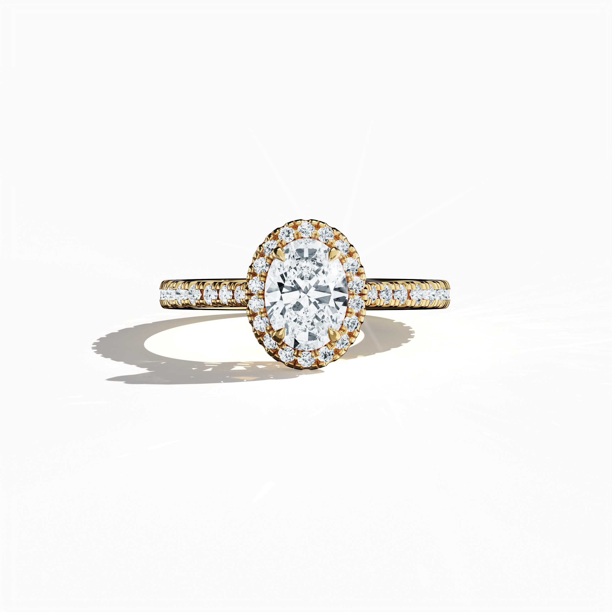 Exquisitely detailed image of a жёлтое золото halo paved ring captured in a sleeping front view, showcasing a brilliant 1ct oval-cut central diamond encircled by a meticulously set 0.60ct side diamond halo. The band, rendered in rich yellow, sun, and traditional gold hues, features intricate pavé detailing that highlights classic halo, vintage halo, modern halo, and bridal halo design elements. Keywords: luxury, elegance, refined artistry, oval brilliance, timeless style.