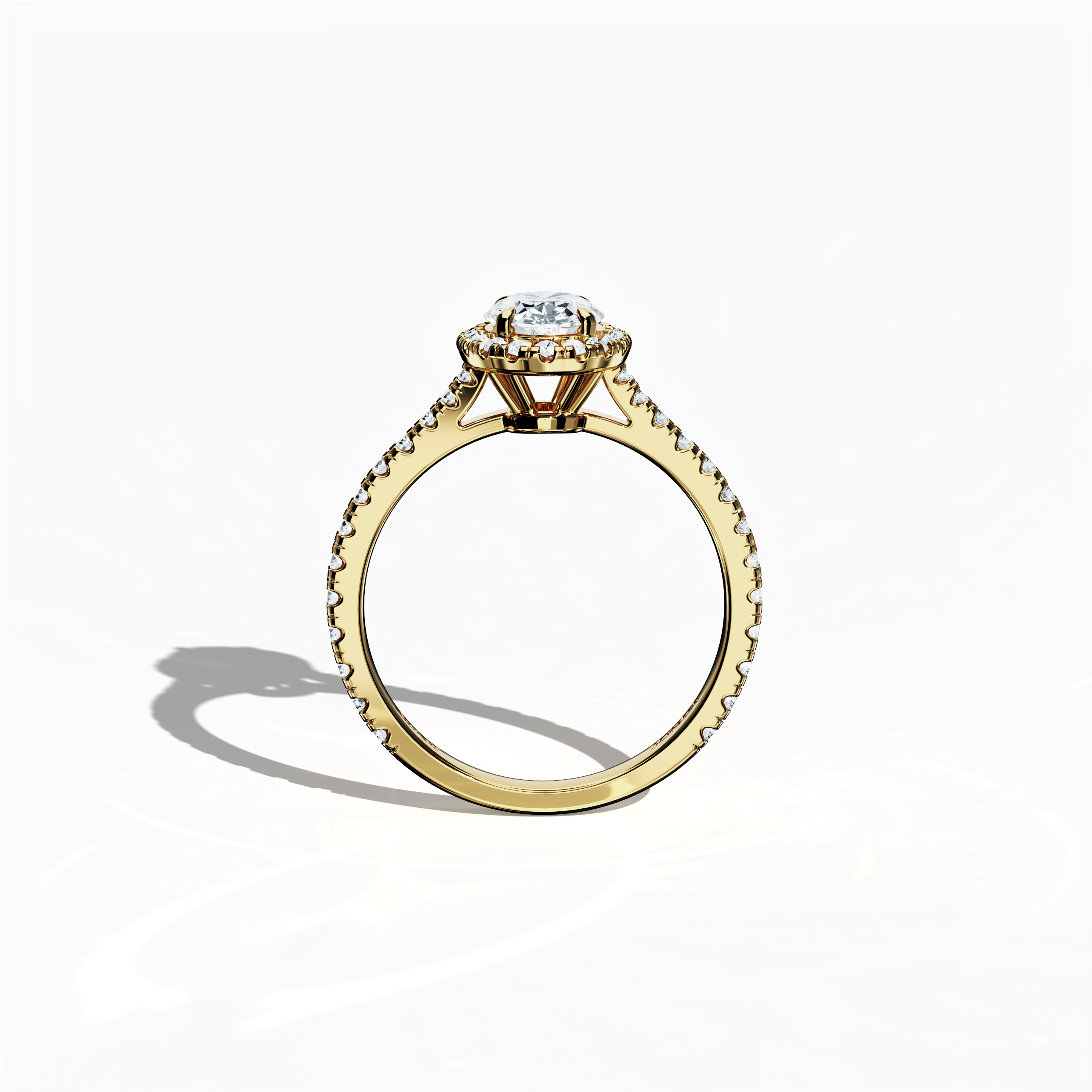 Vivid standing front view of a жёлтое золото halo paved ring, emphasizing the brilliant 1ct oval-cut central diamond and its graceful 0.60ct side diamond halo. The band, showcased in rich yellow, sun, and traditional gold hues, exhibits meticulous pavé detailing inspired by classic halo, vintage halo, modern halo, and bridal halo designs. Keywords: exquisite craftsmanship, luxury, oval radiance, refined style, timeless elegance.