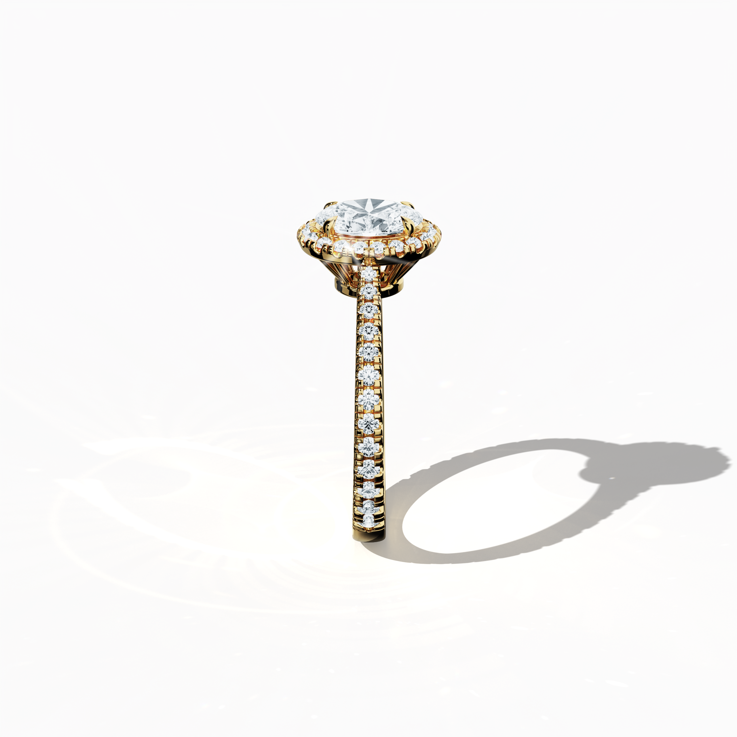 Detailed standing side view of a жёлтое золото halo paved ring, accentuating its elegant silhouette and curved band adorned with a 1ct oval-cut central diamond and a 0.60ct side diamond halo. The lateral perspective reveals intricate pavé settings in rich yellow, sun, and traditional gold tones, blending classic halo, vintage halo, modern halo, and bridal halo design aesthetics. Keywords: refined design, luxury, oval brilliance, contemporary style, artistic detail.
