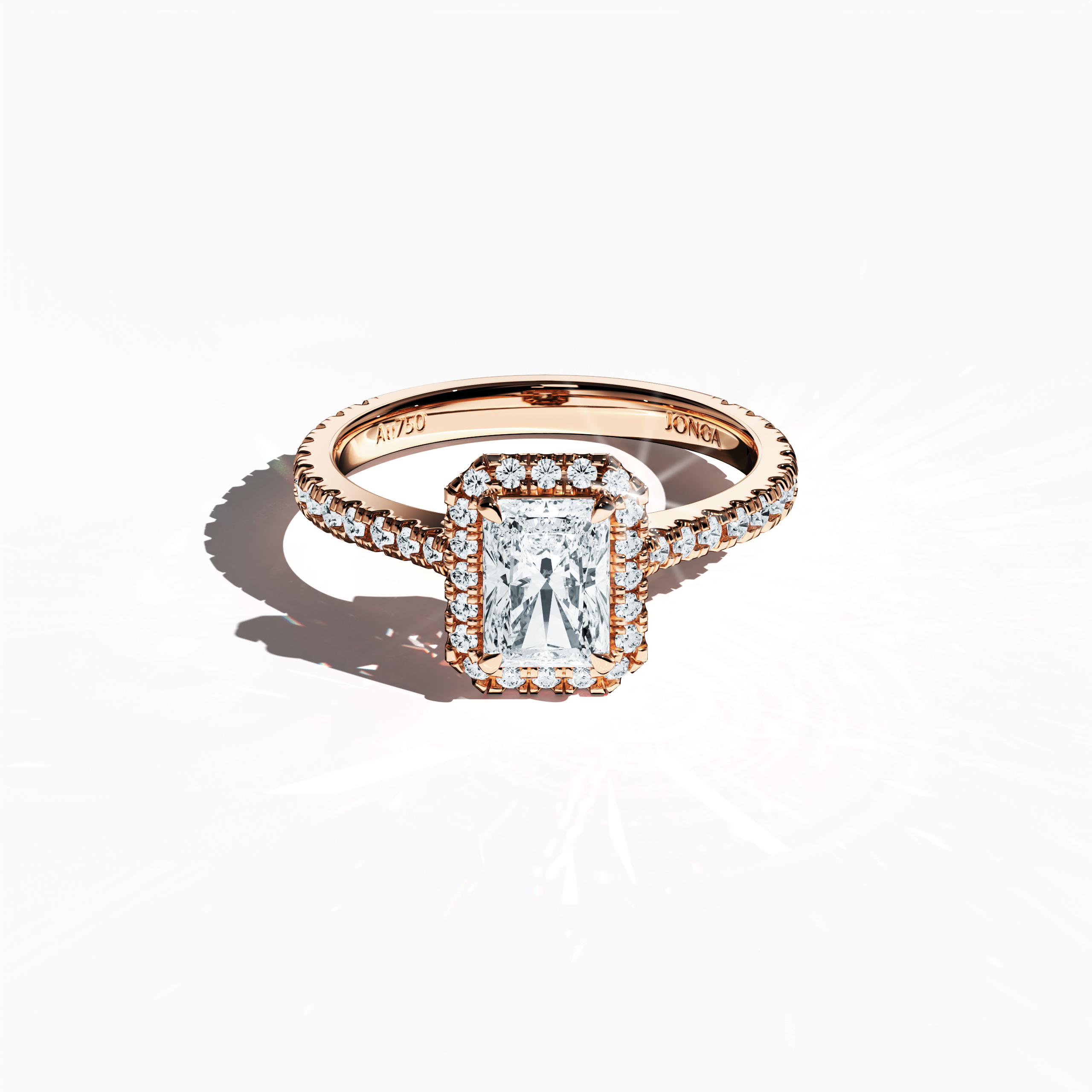 Striking image of a розовое золото halo paved ring in a sleeping front top view, highlighting a dazzling 1 carat radiant-cut center diamond surrounded by a 0.60ct side diamond halo. The top view accentuates the band’s delicate pavé setting in warm rose, pink, and blush gold tones, integrating classic halo, vintage halo, modern halo, and bridal halo designs. Keywords: sophisticated, radiant sparkle, luxury, exquisite detailing, modern romance.