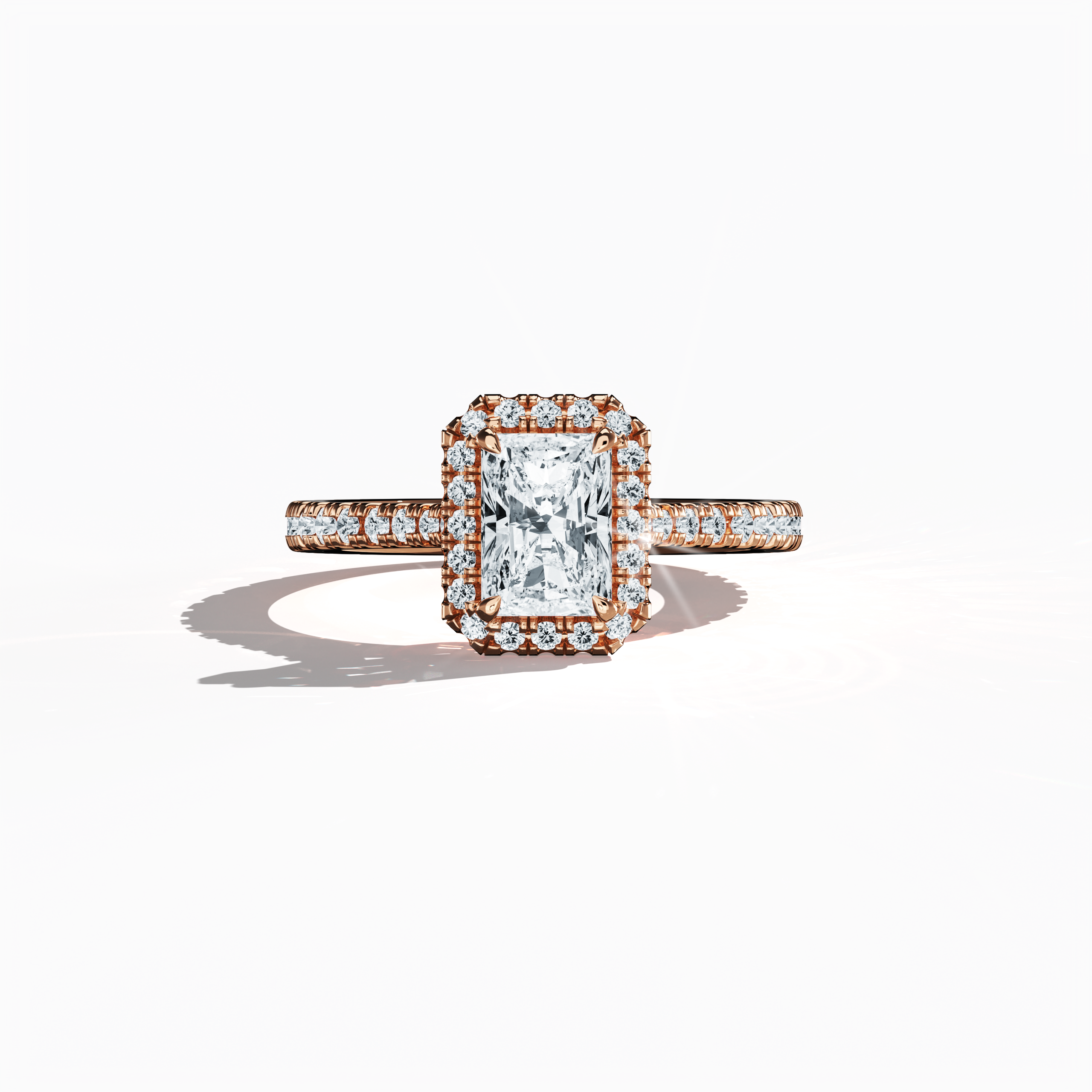 Exquisitely detailed image of a розовое золото halo paved ring captured in a sleeping front view, featuring a luminous 1 carat radiant-cut center diamond embraced by a meticulously set 0.60ct side diamond halo. The band, rendered in warm rose, pink, and blush gold hues, showcases intricate pavé detailing and a blend of classic halo, vintage halo, modern halo, and bridal halo design motifs. Keywords: luxury, radiant brilliance, refined craftsmanship, contemporary elegance, romantic allure.