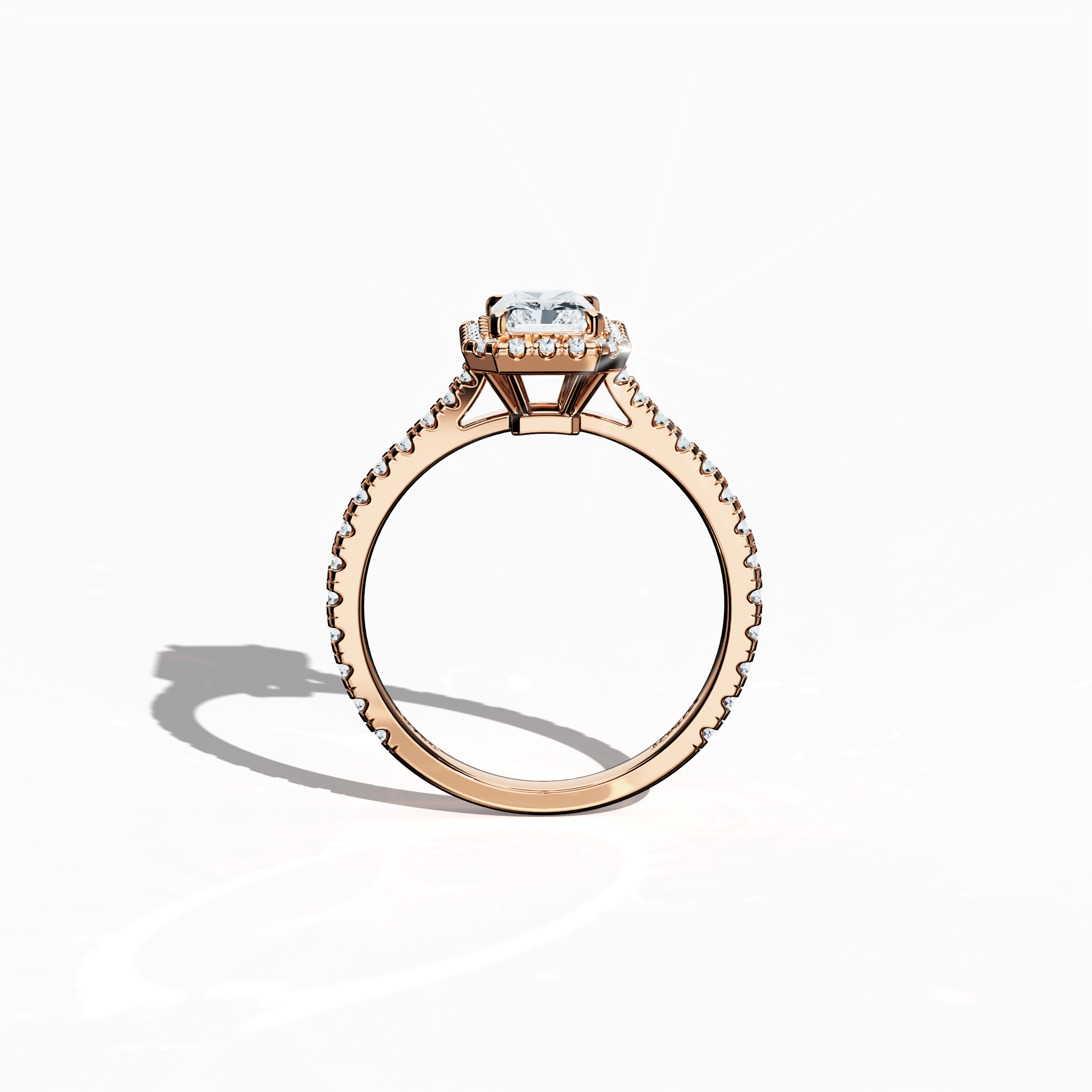 Vivid standing front view of a розовое золото halo paved ring, emphasizing a brilliant 1 carat radiant-cut center diamond and its encircling 0.60ct side diamond halo. The band, displayed in warm rose, pink, and blush gold, exhibits meticulous pavé craftsmanship inspired by classic halo, vintage halo, modern halo, and bridal halo designs. Keywords: refined luxury, radiant allure, exquisite detailing, contemporary elegance, timeless style.