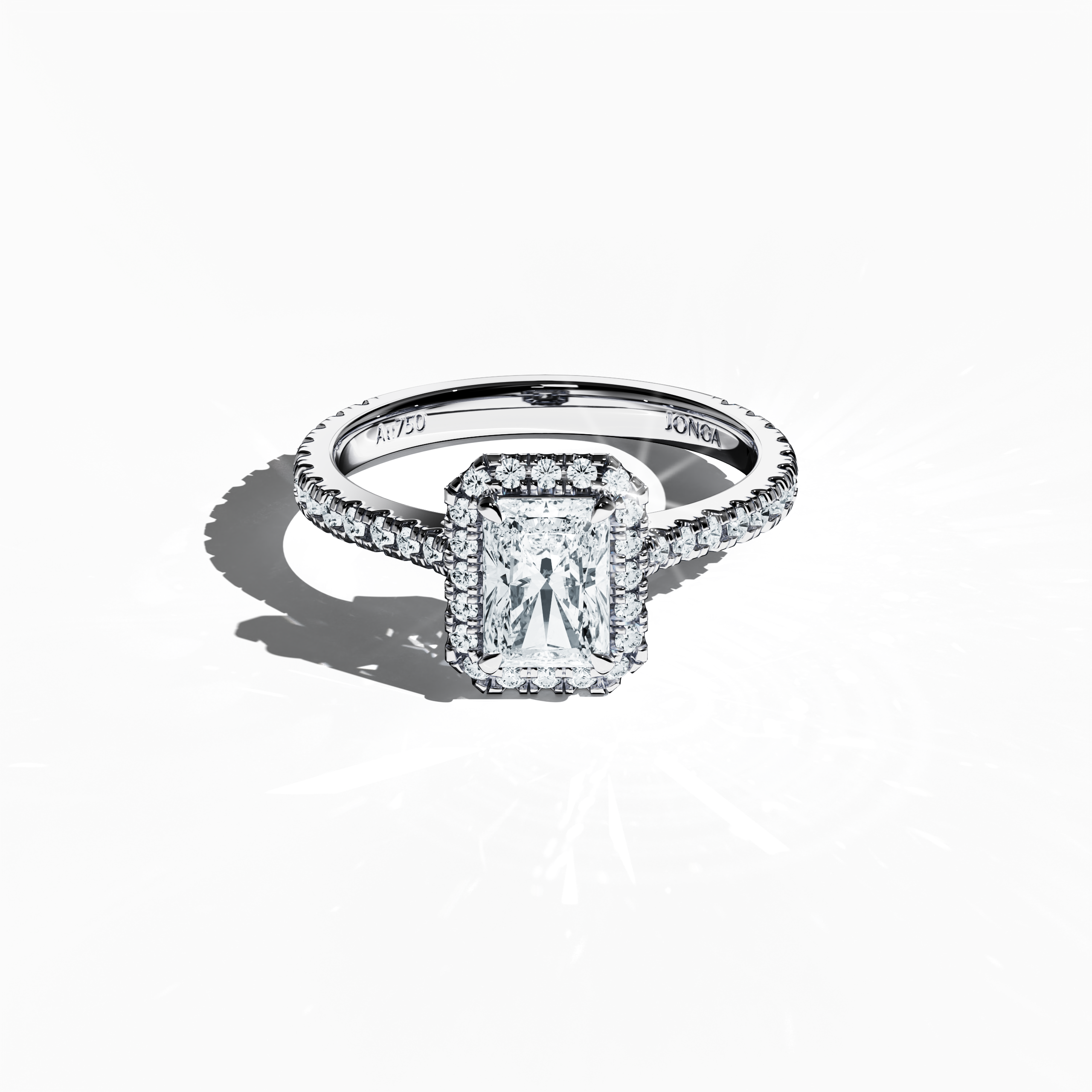 Striking image of a белое золото halo paved ring in a sleeping front top view, highlighting a dazzling 1 carat radiant-cut center diamond surrounded by a 0.60ct side diamond halo. The top view accentuates the delicate pavé setting on the band with tones of white, silver, and pale gold, integrating classic halo, vintage halo, modern halo, and bridal halo designs. Keywords: sophistication, luxury, radiant sparkle, exquisite detailing, modern style.