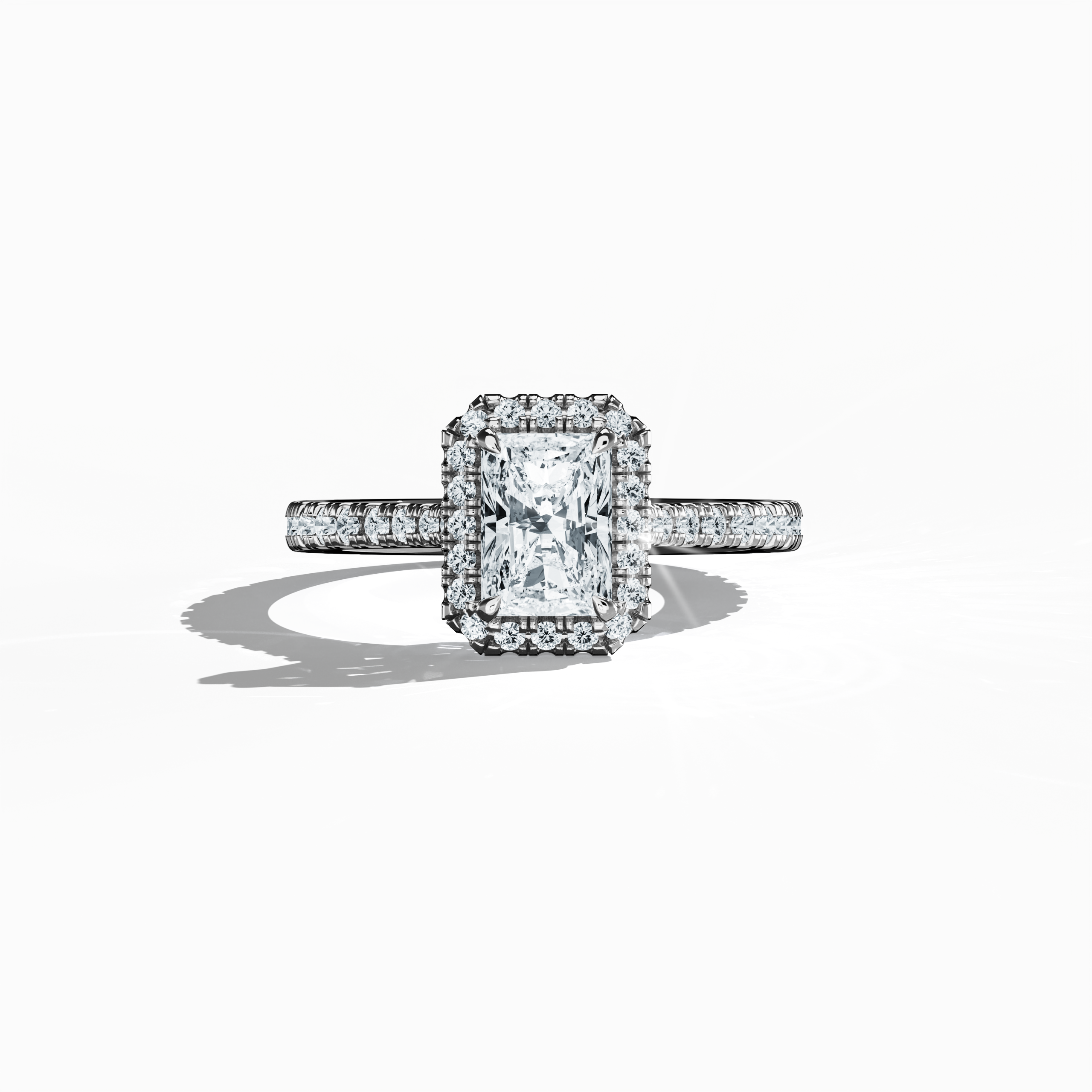 Exquisitely detailed image of a белое золото halo paved ring captured in a sleeping front view, featuring a luminous 1 carat radiant-cut center diamond embraced by a meticulously set 0.60ct side diamond halo. The band, rendered in elegant white, silver, and pale gold hues, showcases intricate pavé detailing and a blend of classic halo, vintage halo, modern halo, and bridal halo design motifs. Keywords: luxury, radiant brilliance, refined craftsmanship, contemporary elegance, timeless allure.