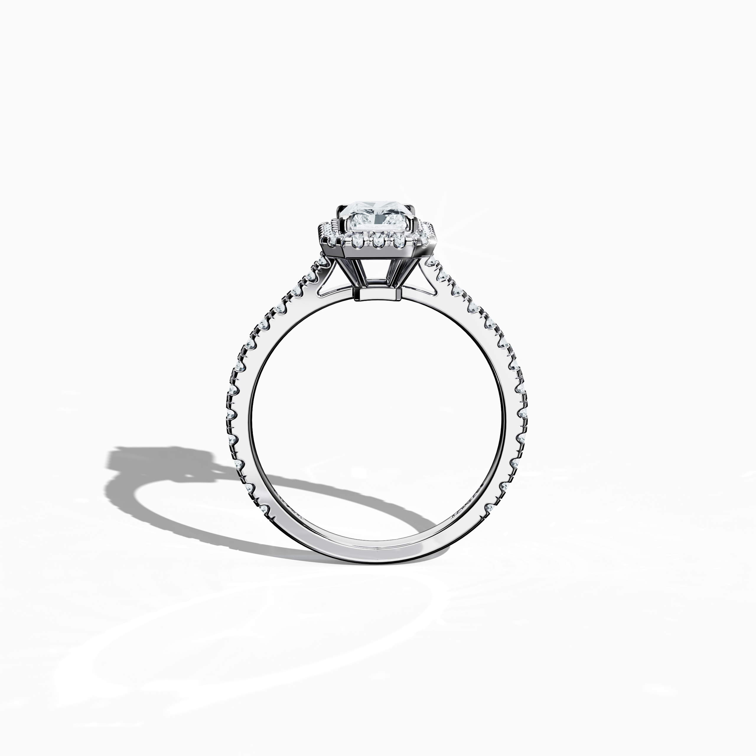 Vivid standing front view of a белое золото halo paved ring, emphasizing a brilliant 1 carat radiant-cut center diamond and its encircling 0.60ct side diamond halo. The pristine band, depicted in white, silver, and pale gold, exhibits meticulous pavé craftsmanship with influences of classic halo, vintage halo, modern halo, and bridal halo designs. Keywords: refined luxury, radiant allure, exquisite detail, contemporary elegance, timeless design.