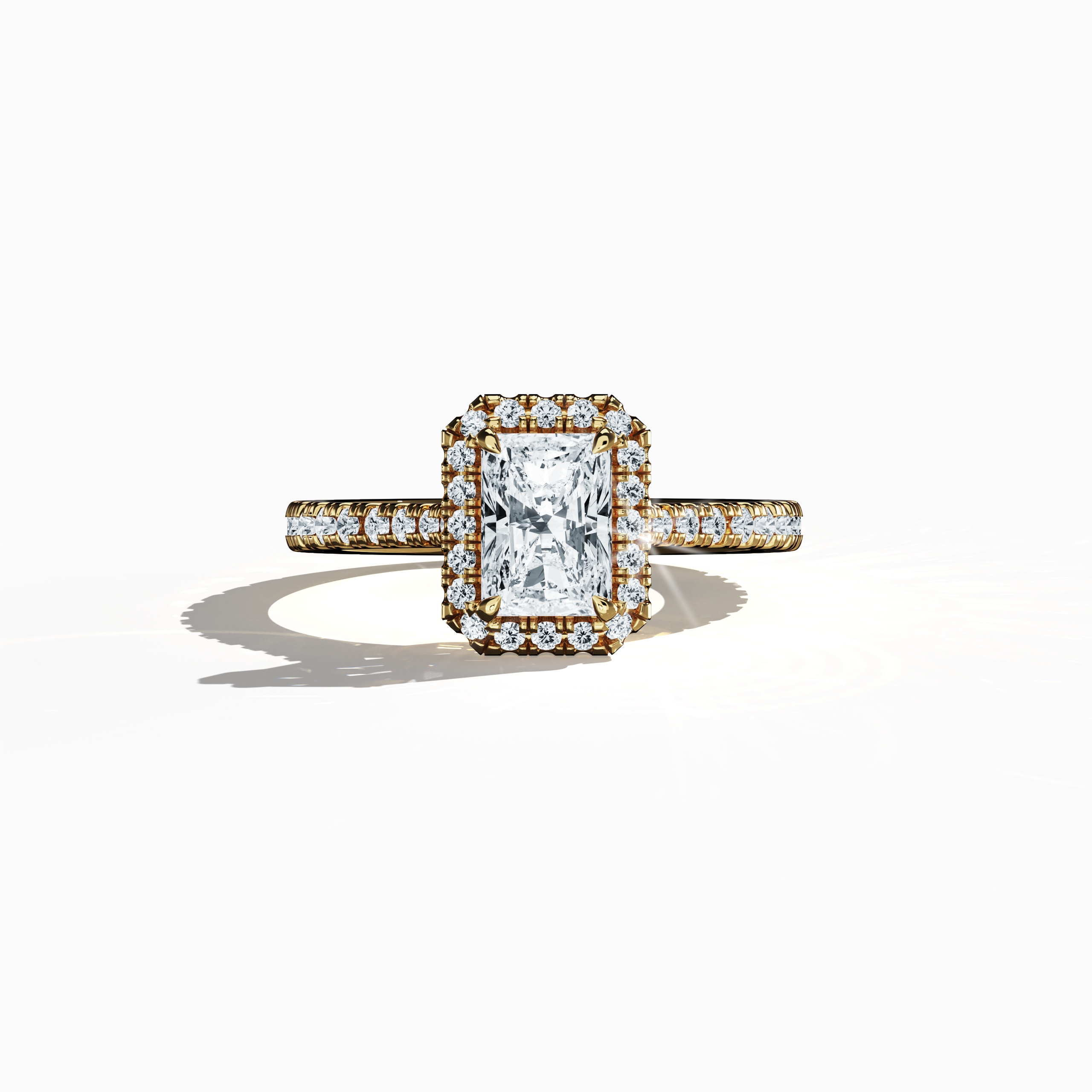 Exquisitely detailed image of a жёлтое золото halo paved ring captured in a sleeping front view, showcasing a brilliant 1 carat radiant-cut center diamond encircled by a meticulously set 0.60ct side diamond halo. The band, rendered in rich yellow, sun, and traditional gold hues, features intricate pavé detailing that highlights classic halo, vintage halo, modern halo, and bridal halo design elements. Keywords: luxury, radiant brilliance, refined artistry, contemporary elegance, timeless allure.
