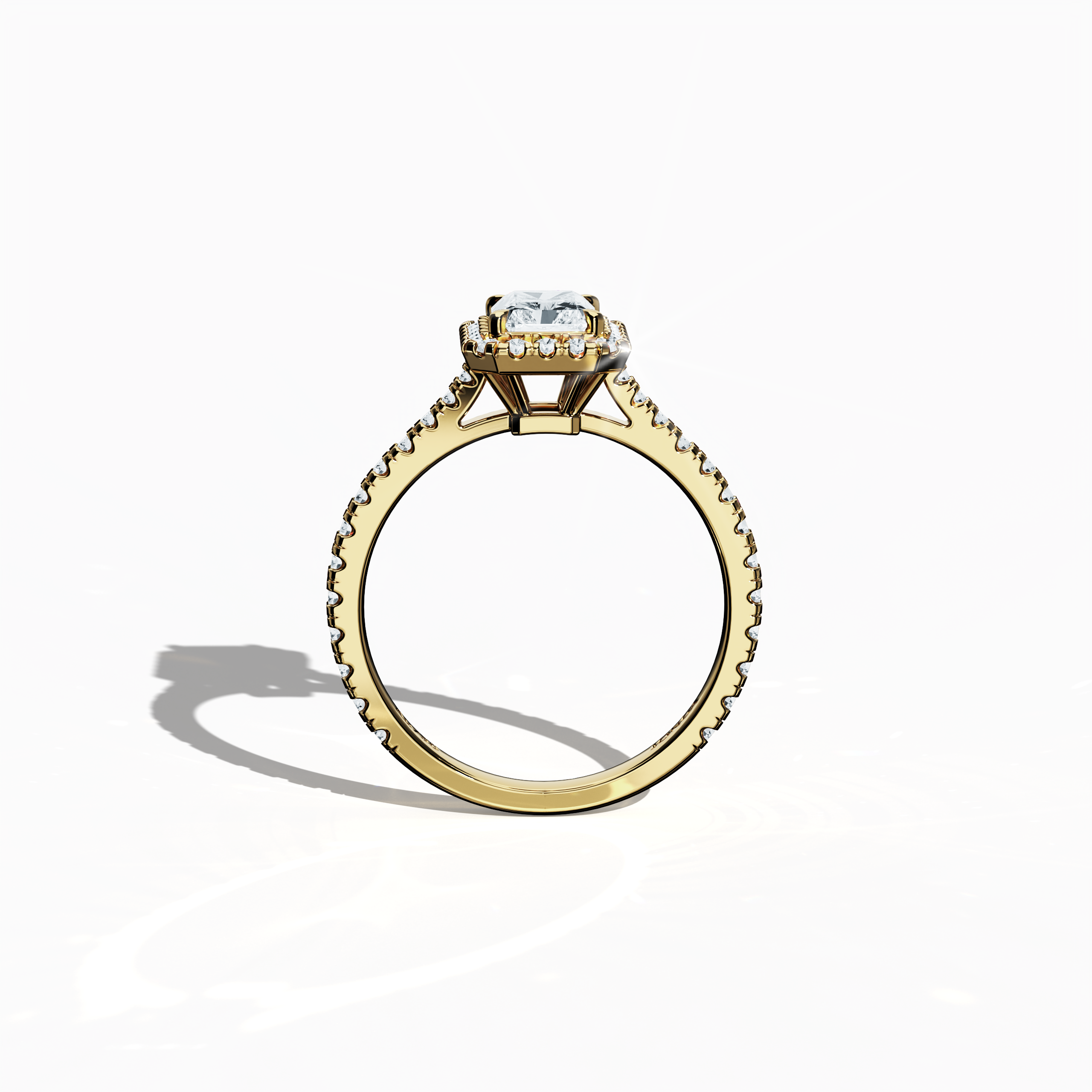 Vivid standing front view of a жёлтое золото halo paved ring, emphasizing a brilliant 1 carat radiant-cut center diamond and its encircling 0.60ct side diamond halo. The band, showcased in rich yellow, sun, and traditional gold hues, exhibits meticulous pavé craftsmanship inspired by classic halo, vintage halo, modern halo, and bridal halo designs. Keywords: exquisite craftsmanship, luxury, radiant allure, refined style, timeless elegance.