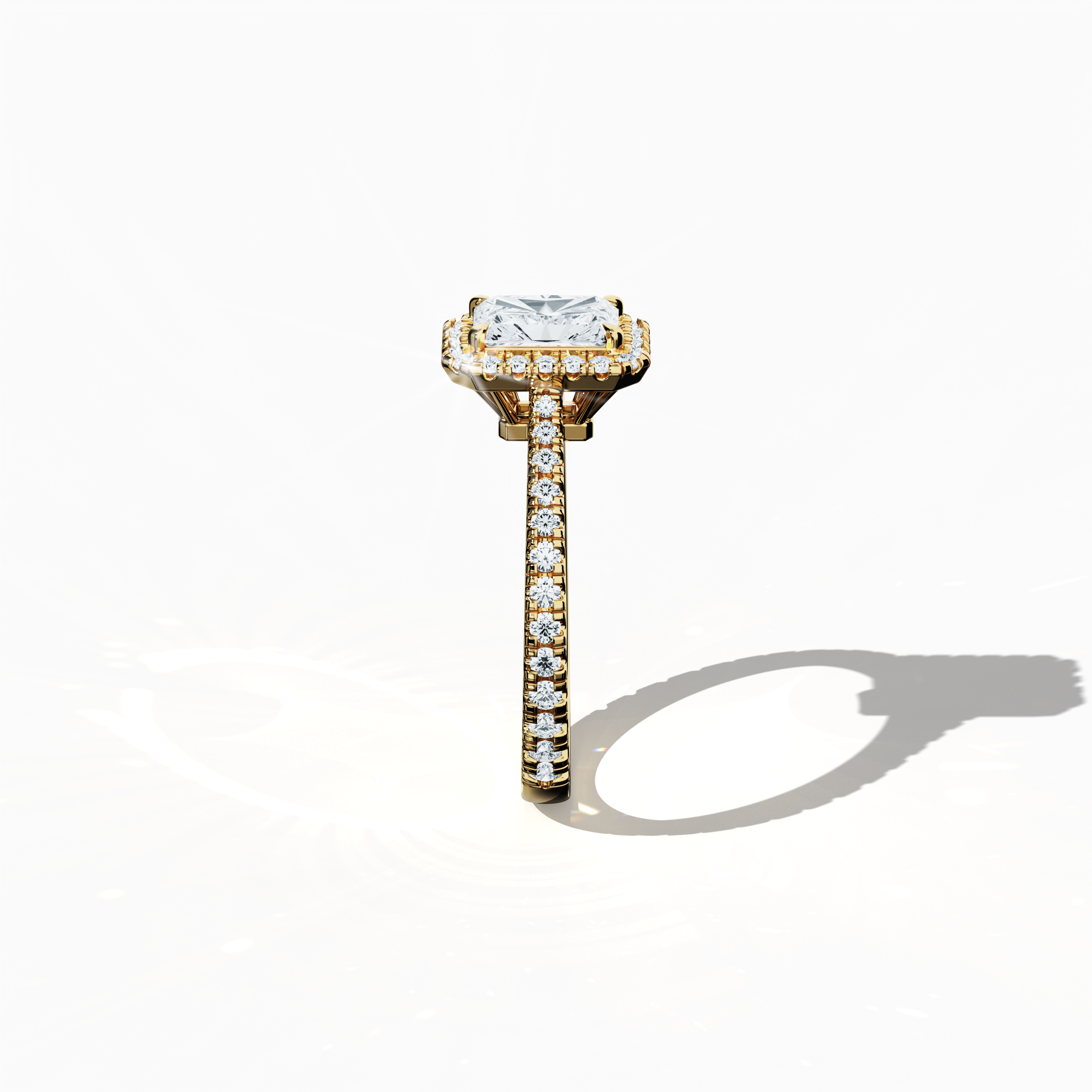 Detailed standing side view of a жёлтое золото halo paved ring, accentuating its elegant silhouette and curved band adorned with a 1 carat radiant-cut center diamond and a complementary 0.60ct side diamond halo. The lateral view reveals intricate pavé settings in rich yellow, sun, and traditional gold tones, fusing classic halo, vintage halo, modern halo, and bridal halo aesthetics. Keywords: refined design, luxury, radiant brilliance, contemporary style, artistic detail.