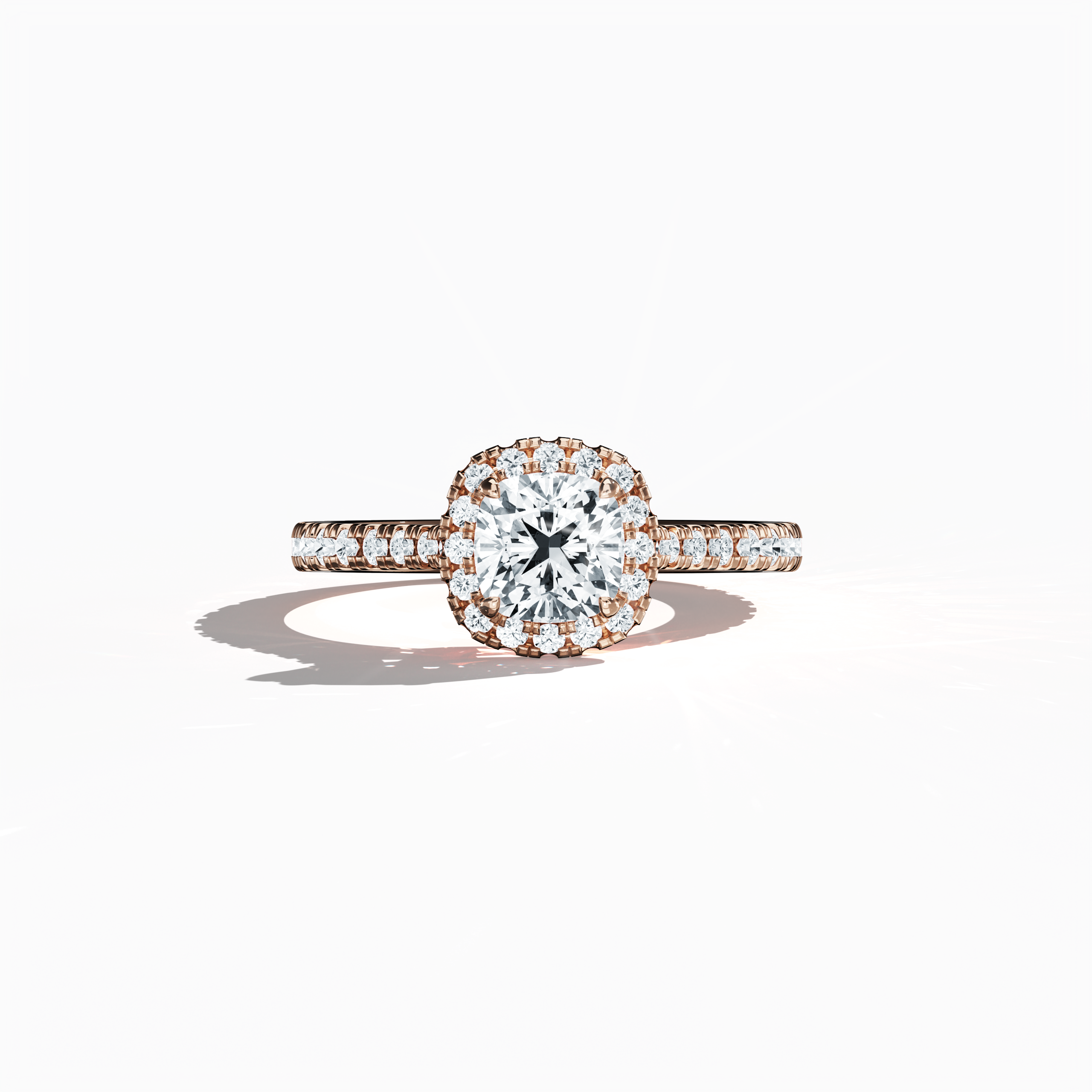 Exquisitely depicted in a soft sleeping front view, this halo paved diamond ring in radiant розовое золото emanates a warm blush glow. With a total weight of 1.60 carats, its 1 карат cushion diamond center is gracefully encircled by a 0.60 карат halo of brilliant side stones. The design blends Classic Halo, Vintage Halo, and Contemporary Halo motifs with cushion and radiant influences, enhanced by a pink, blush finish. Keywords: luxury, создано вручную, sparkle, elegant, diamond.