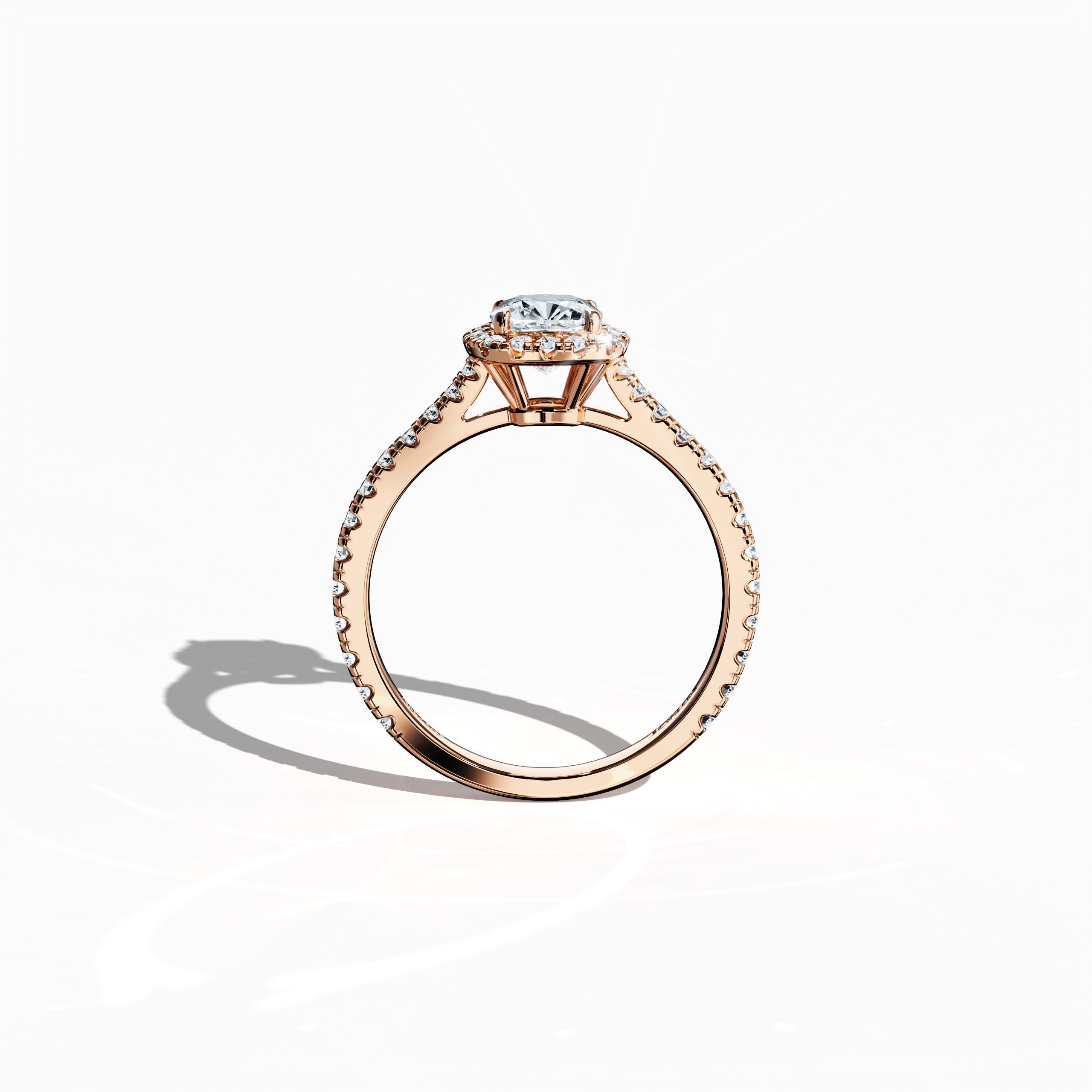 In a bold standing front view, this halo paved diamond ring in lustrous розовое золото dazzles with its 1.60 carat display of opulent sparkle. The central 1 карат cushion diamond, framed by a 0.60 карат halo of luminous side stones, reflects Classic Halo, Vintage Halo, and Modern Halo design inspirations with cushion and radiant cut details. Its warm, pink, blush finish exudes sophisticated elegance. Keywords: diamond, luxury, создано вручную, elegance, sparkle.