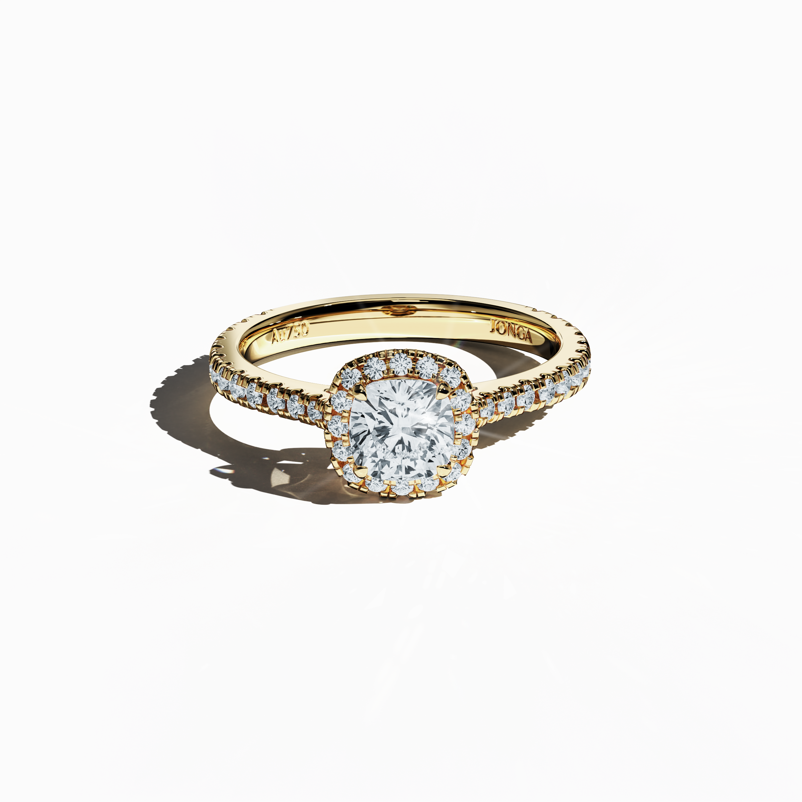 Shown from a gentle sleeping front top angle, the halo paved diamond ring in lustrous жёлтое золото exhibits refined craftsmanship and vibrant allure. With a 1 карат cushion center diamond embraced by a 0.60 карат halo of scintillating side stones, this 1.60 carat marvel melds Classic Halo, Modern Halo, and Eternity Halo influences with cushion and princess cut nuances, glowing in a golden, amber finish. Keywords: diamond, luxury, sparkle, refined, elegant.