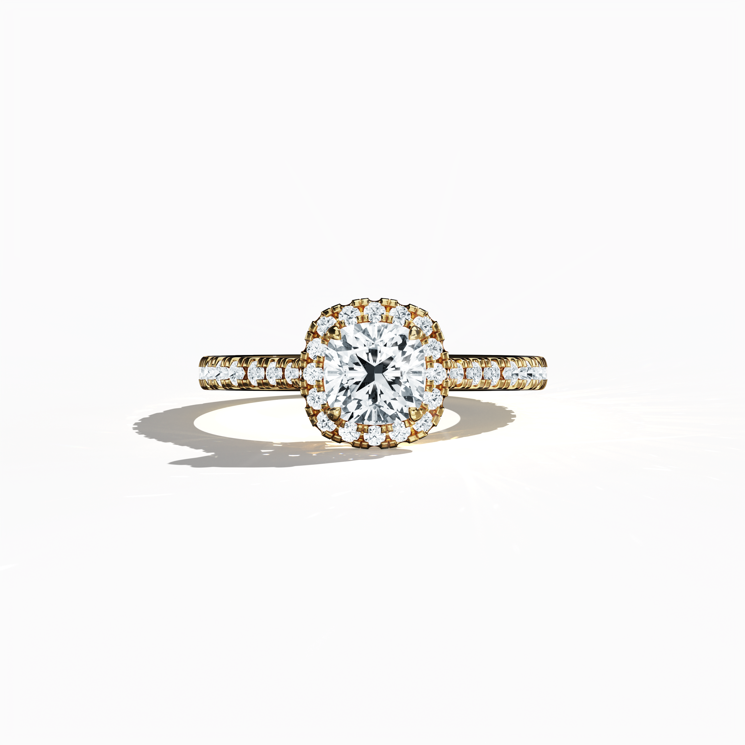 In a serene sleeping front view, this halo paved diamond ring in radiant жёлтое золото gleams with timeless allure. Totalling 1.60 carats, its striking 1 карат cushion diamond centerpiece is elegantly encircled by a 0.60 карат halo of sparkling side stones. The design incorporates Classic Halo, Vintage Halo, and Contemporary Halo elements with cushion and radiant inspirations, accentuated by a rich, golden, amber finish. Keywords: luxury, создано вручную, diamond, brilliance, elegance.