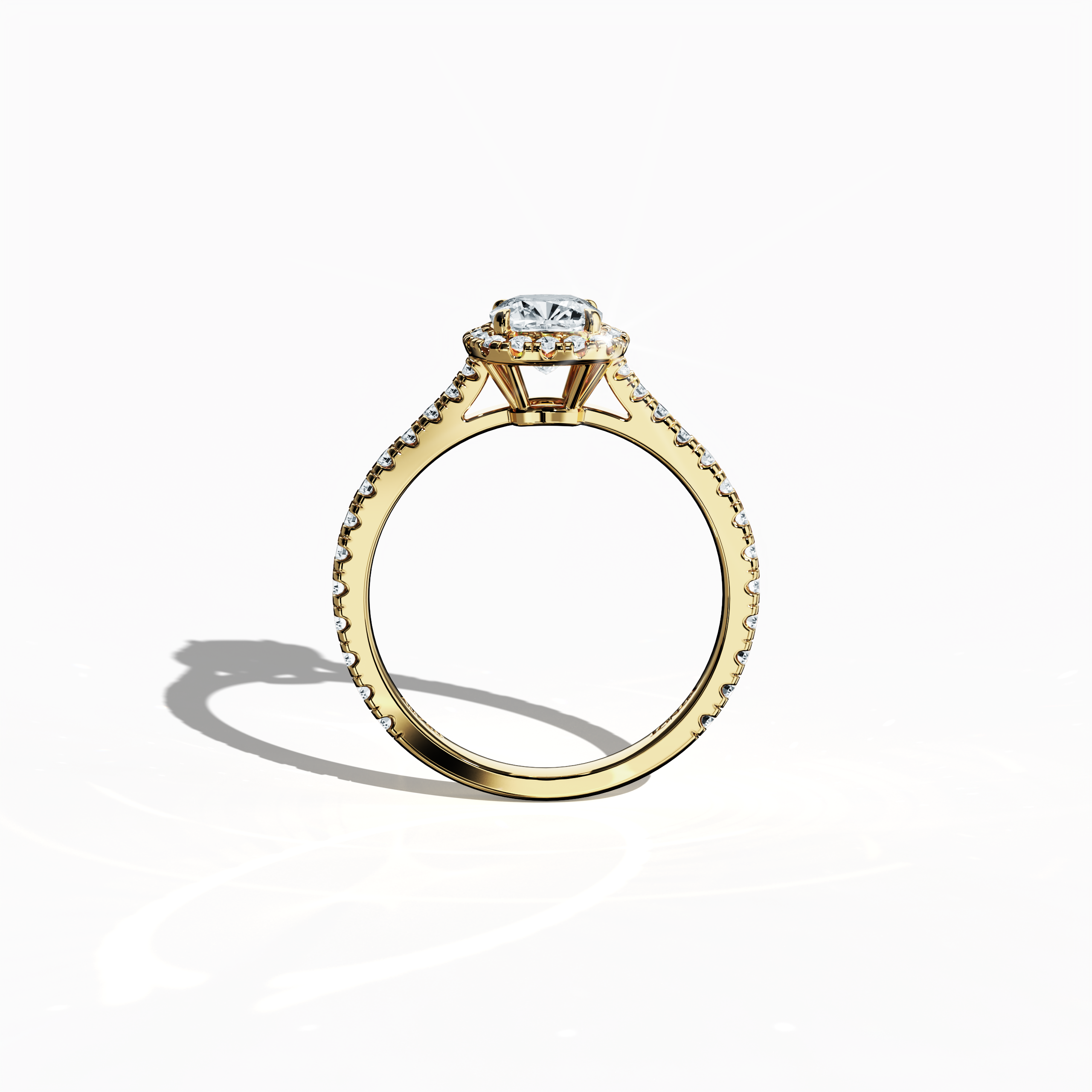Captured in a striking standing front view, this halo paved diamond ring in brilliant жёлтое золото commands attention with its 1.60 carat display of opulent sparkle. Its prominent 1 карат cushion diamond, bordered by a 0.60 карат halo of dazzling side stones, embodies Classic Halo, Vintage Halo, and Modern Halo design motifs with cushion and radiant cut influences, set in a vibrant, golden, amber finish. Keywords: luxury, создано вручную, diamond, elegance, brilliance.