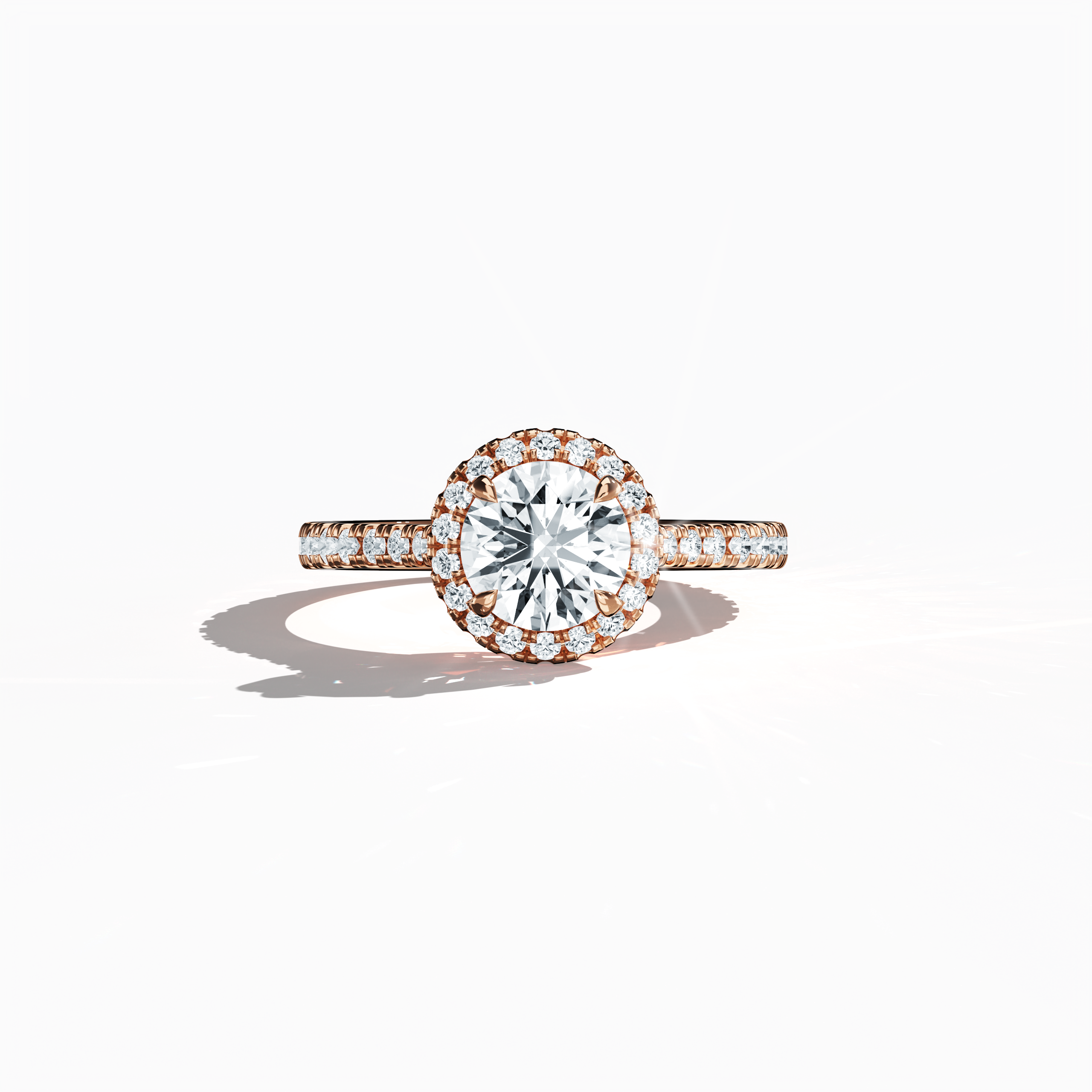 Exquisitely detailed image of a розовое золото halo paved ring captured in a sleeping front view, showcasing a luminous 1ct round‐cut center diamond gracefully embraced by a meticulously set 0.60ct side diamond halo. The band, rendered in warm rose, pink, and blush gold hues, features intricate pavé detailing with influences of classic halo, vintage halo, modern halo, and bridal halo designs. Keywords: luxury, round brilliance, refined craftsmanship, timeless elegance, international allure.
