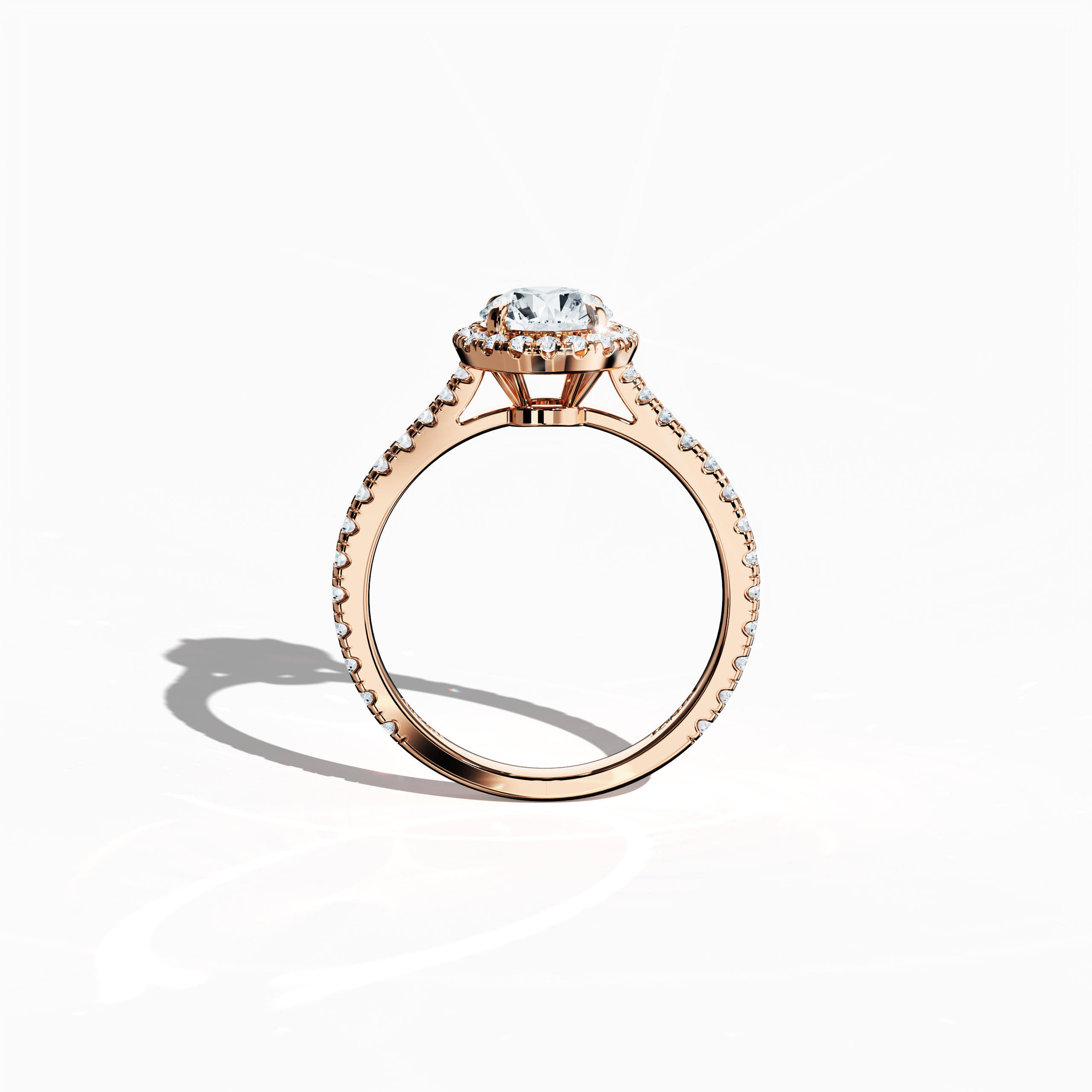 Vivid standing front view of a розовое золото halo paved ring emphasizing a brilliant 1ct round‐cut center diamond and its encircling 0.60ct side diamond halo. The band, showcased in warm rose, pink, and blush gold hues, exhibits meticulous pavé craftsmanship with design influences spanning classic halo, vintage halo, modern halo, and bridal halo motifs. Keywords: exquisite, round radiance, luxury, timeless design, refined artistry.