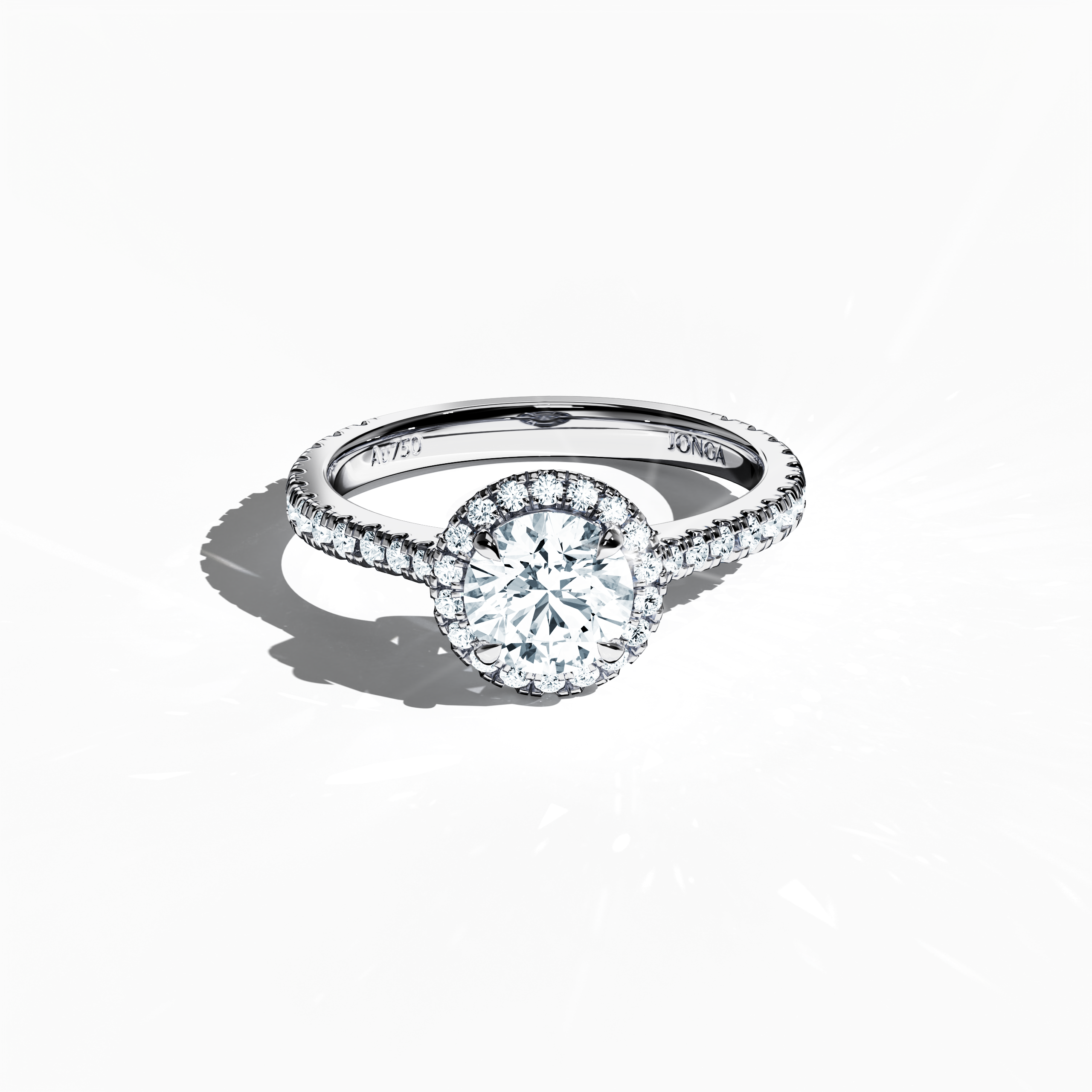 Striking image of a белое золото halo paved ring in a sleeping front top view, displaying a radiant 1ct round‐cut center diamond encircled by a delicate 0.60ct side diamond halo. The elevated perspective highlights the band’s intricate pavé detailing in shades of white, silver, and pale gold, merging influences from classic halo, vintage halo, modern halo, and bridal halo styles. Keywords: luxury, refined elegance, round sparkle, artisanal design, international flair.