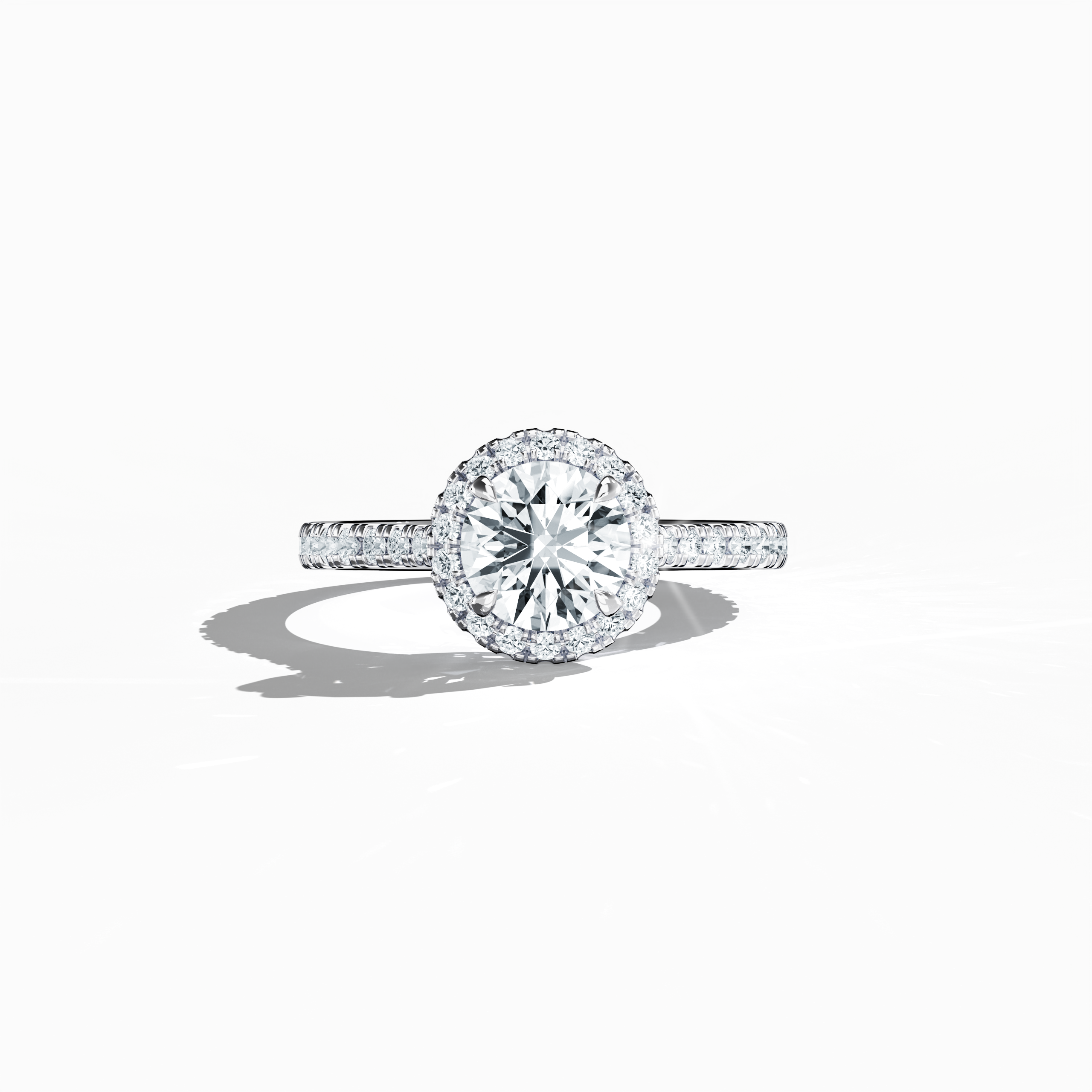 Exquisitely detailed image of a белое золото halo paved ring captured in a sleeping front view, showcasing a luminous 1ct round‐cut center diamond gracefully embraced by a meticulously set 0.60ct side diamond halo. The band, rendered in pristine white, silver, and pale gold hues, features intricate pavé detailing with influences of classic halo, vintage halo, modern halo, and bridal halo designs. Keywords: luxury, round brilliance, refined craftsmanship, timeless elegance, international design.