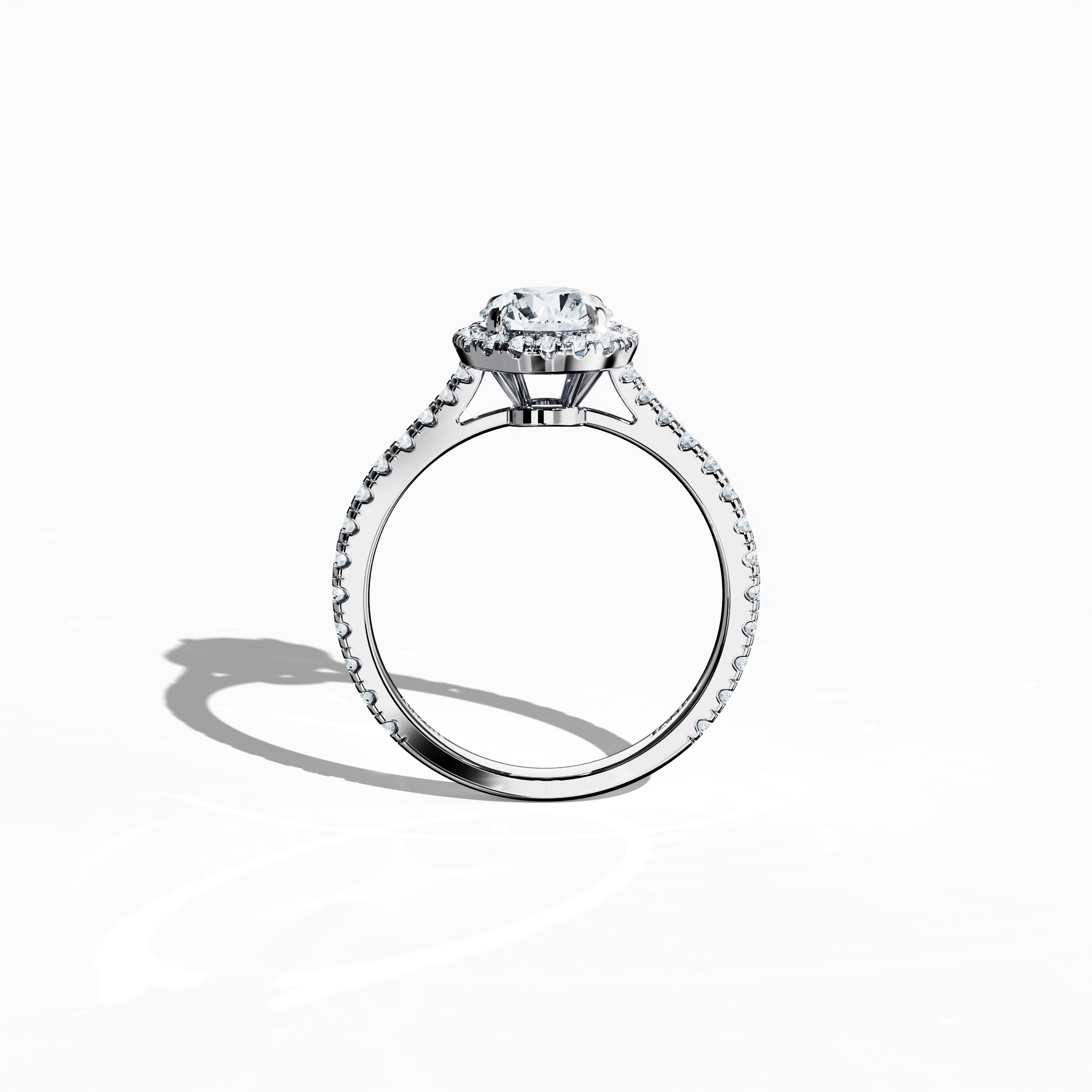 Vivid standing front view of a белое золото halo paved ring emphasizing a brilliant 1ct round‐cut center diamond and its encircling 0.60ct side diamond halo. The sleek band, rendered in pristine white, silver, and pale gold hues, showcases detailed pavé craftsmanship with design influences spanning classic halo, vintage halo, modern halo, and bridal halo motifs. Keywords: exquisite, round radiance, luxury, timeless design, refined artistry.