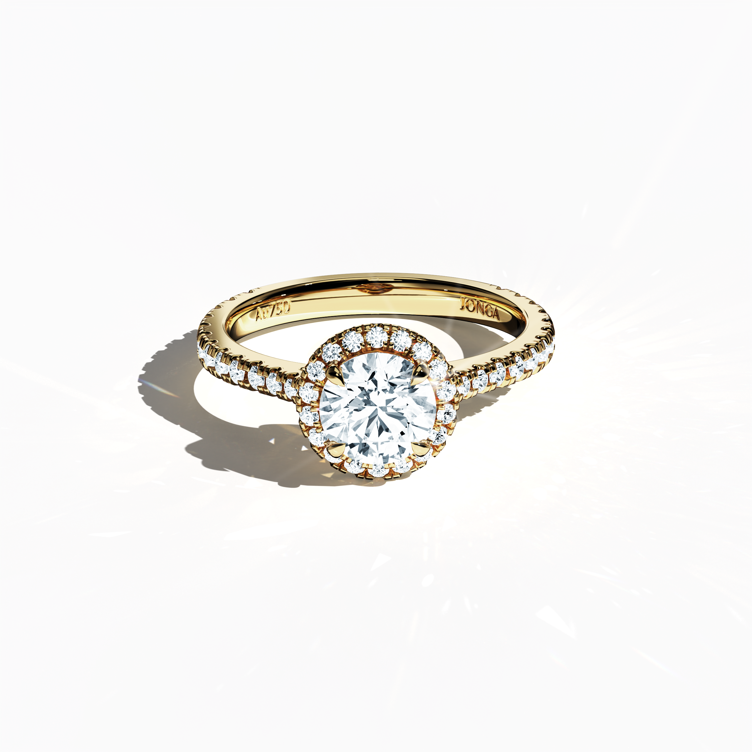 Striking image of a жёлтое золото halo paved ring in a sleeping front top view, displaying a radiant 1ct round‐cut center diamond encircled by a delicate 0.60ct side diamond halo. The elevated perspective accentuates the band’s exquisite pavé detailing in rich yellow, sun, and traditional gold tones, merging influences of classic halo, vintage halo, modern halo, and bridal halo styles. Keywords: luxurious, round sparkle, refined design, timeless charm, international elegance.