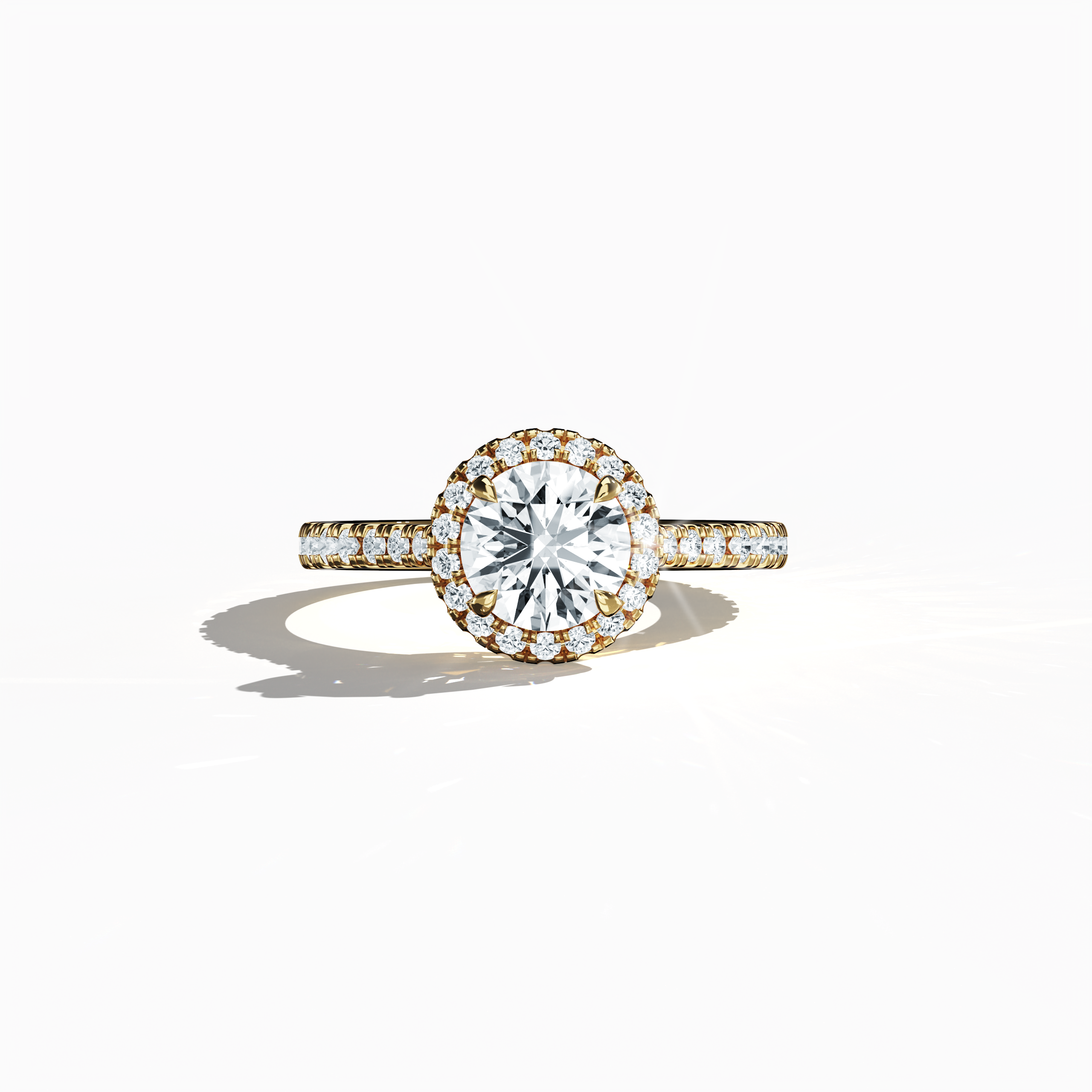 Exquisitely detailed image of a жёлтое золото halo paved ring captured in a sleeping front view, showcasing a luminous 1ct round‐cut center diamond gracefully embraced by a meticulously set 0.60ct side diamond halo. The band, rendered in rich yellow, sun, and traditional gold hues, features intricate pavé detailing with influences of classic halo, vintage halo, modern halo, and bridal halo designs. Keywords: luxury, round brilliance, refined craftsmanship, timeless elegance, global design.