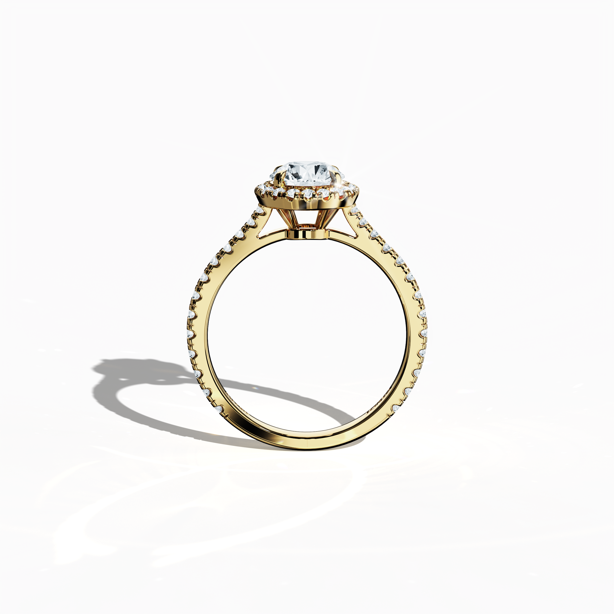 Vivid standing front view of a жёлтое золото halo paved ring emphasizing a brilliant 1ct round‐cut center diamond and its encircling 0.60ct side diamond halo. The band, showcased in rich yellow, sun, and traditional gold hues, exhibits meticulous pavé craftsmanship with design influences spanning classic halo, vintage halo, modern halo, and bridal halo motifs. Keywords: exquisite, round radiance, luxury, timeless design, refined artistry.