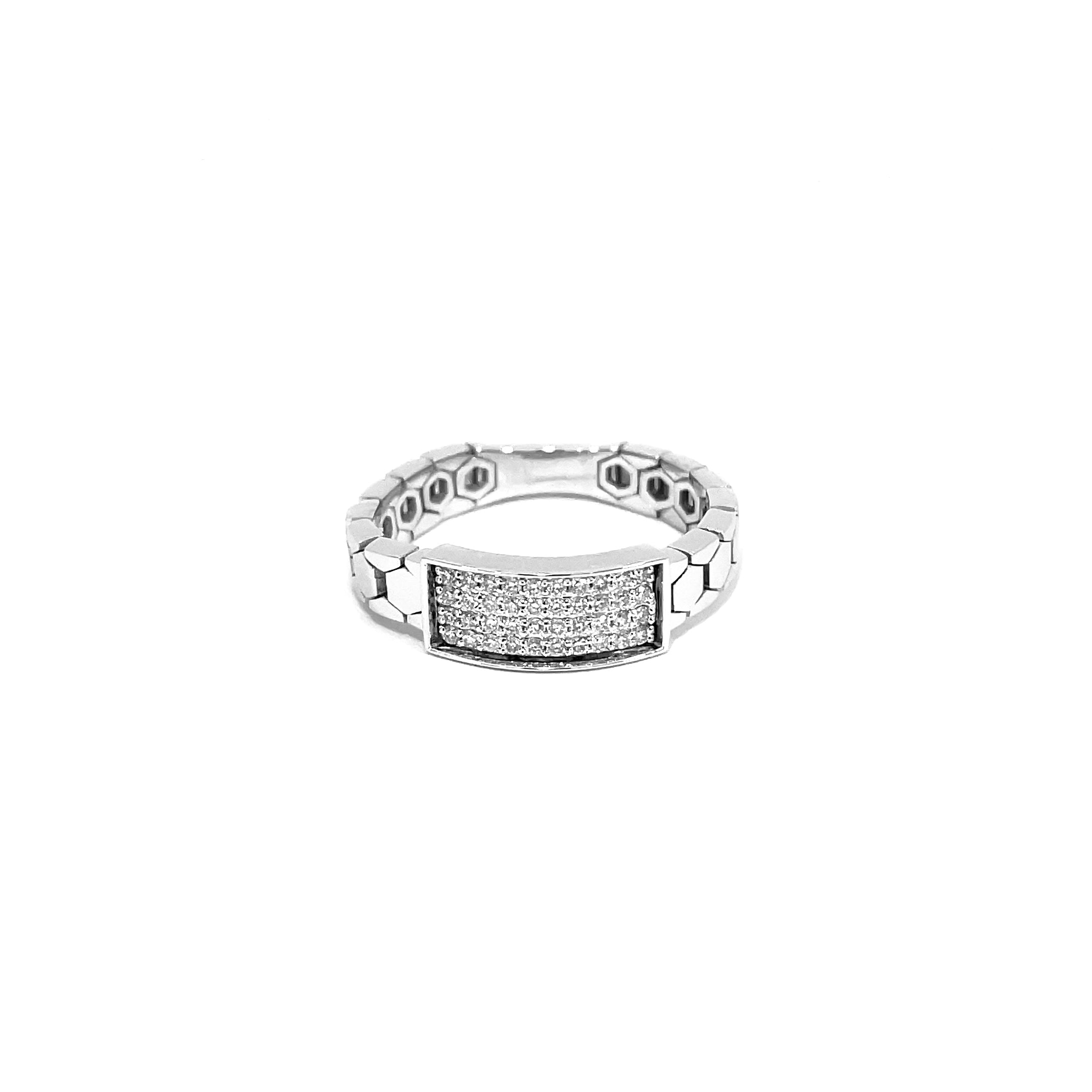 Mens Ring close-up displaying 0.24 carat diamonds in bracelet-inspired band design white gold finish