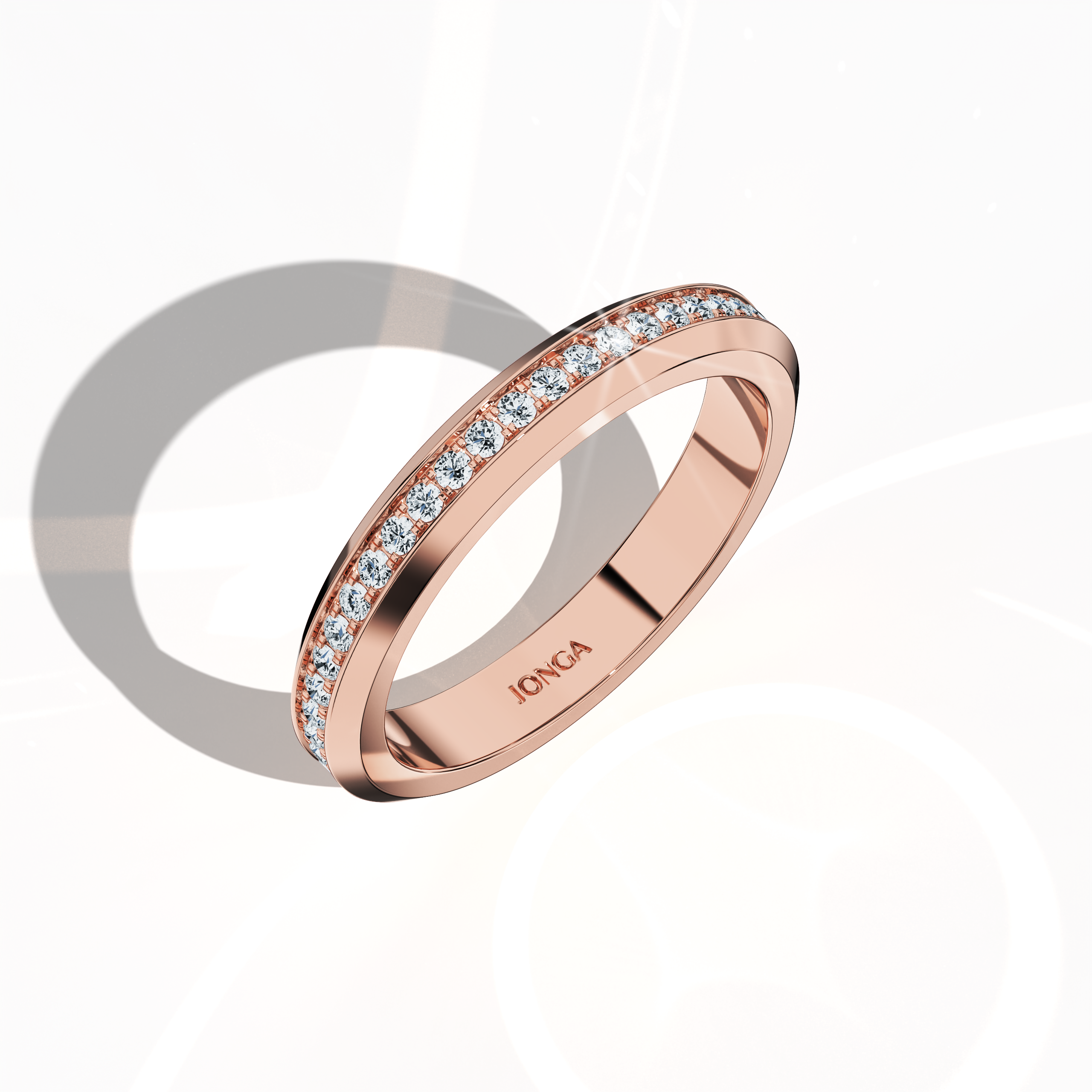 Striking image of a розовое золото paved band presented from a standing front top side perspective. The ring’s central design features a harmonious blend of pavé, full pave, scattered pave, and cluster pave patterns, set in luminous розовое золото often referred to as “rosé gold” or “blush gold.” Its high-gloss finish accentuates smooth contours and sophisticated detailing, merging classic artistry with modern luxury. Keywords: graceful, elegant, refined, intricate, contemporary.