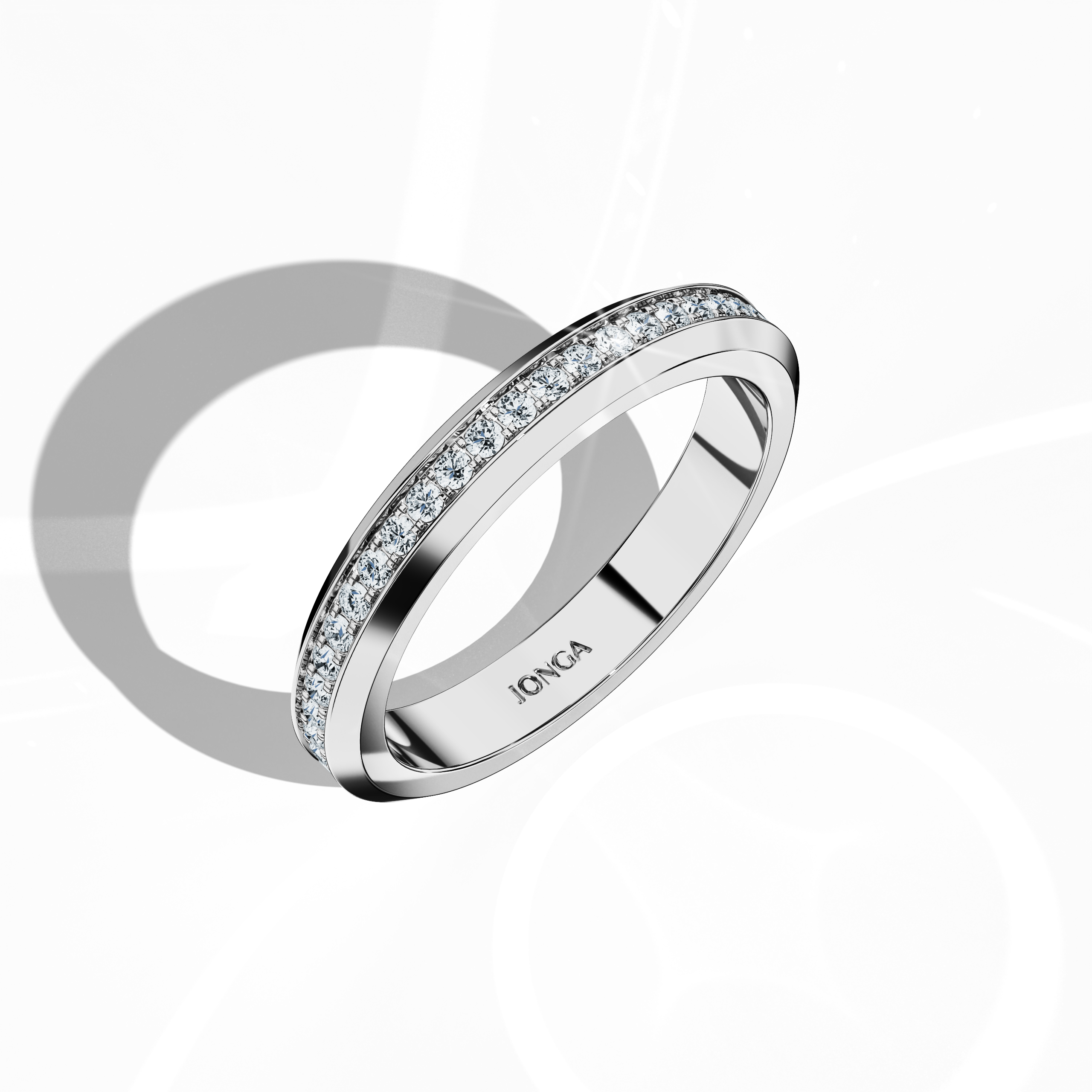 Striking image of a белое золото paved band showcased from a standing front top side perspective. The ring’s central paved design, executed in pavé, full pave, scattered pave, and cluster pave styles, is rendered in brilliant белое золото often known as “opaline” or “milky gold.” The glossy finish accentuates smooth curves and meticulous detailing, blending classic charm with modern luxury. Keywords: intricate, luxurious, refined, elegant, sophisticated.