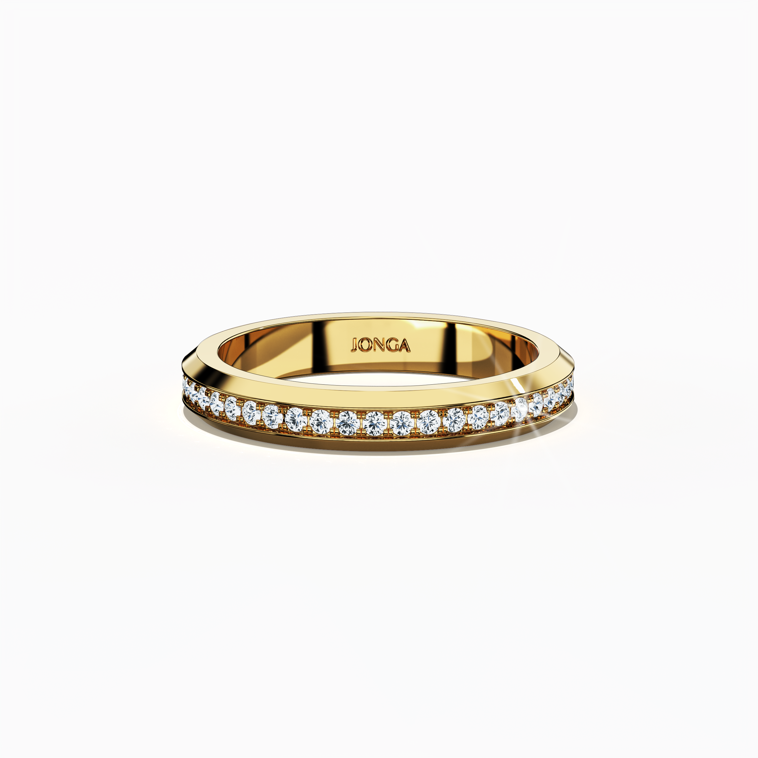 Detailed view of a жёлтое золото paved band photographed from a sleeping front top angle, highlighting its striking central pavé motif executed in full pave, scattered pave, and cluster pave designs. The band’s luminous жёлтое золото center—recognized as “classic gold” or “rich gold” in premium design—pairs with a smooth glossy finish to emphasize contemporary elegance and flawless craftsmanship. Keywords: sophisticated, luxurious, elegant, intricate, modern design.